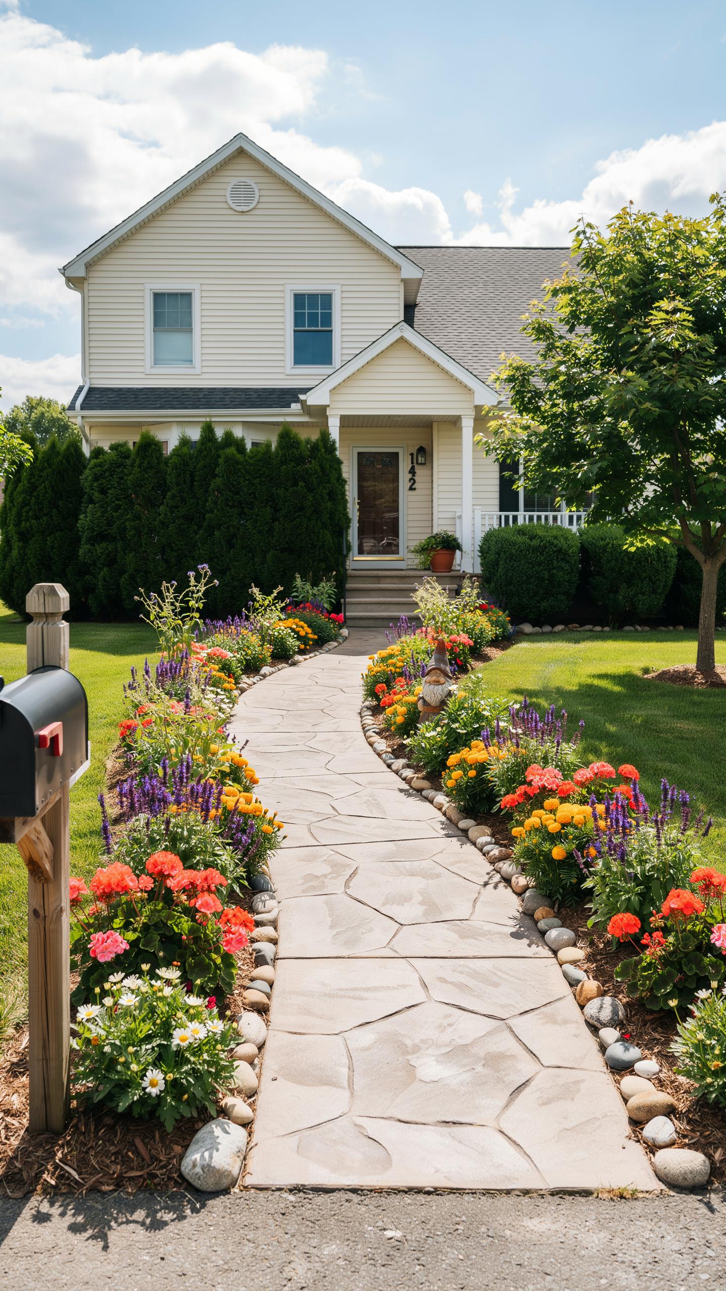 A beige two-story house with a white front door and porch is centered behind a winding, irregular stone walkway lined with colorful flowers and green