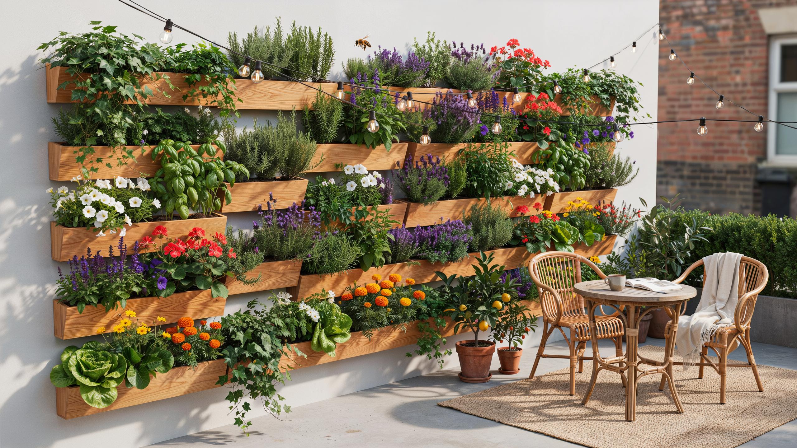 A vibrant vertical garden made of staggered wooden planters filled with various green herbs and colorful flowers adorns a white wall on a sunny roofto