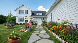 A white two-story farmhouse with black shutters sits at the end of a winding stone path lined with colorful flower beds, with a 'WELCOME' sign and pot