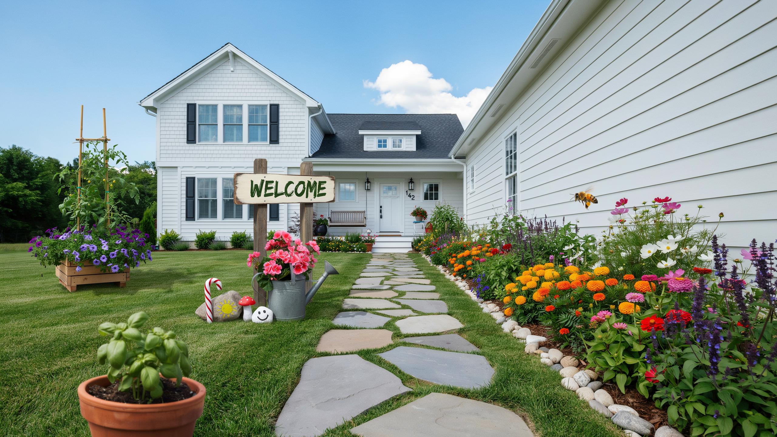 A white two-story farmhouse with black shutters sits at the end of a winding stone path lined with colorful flower beds, with a 'WELCOME' sign and pot