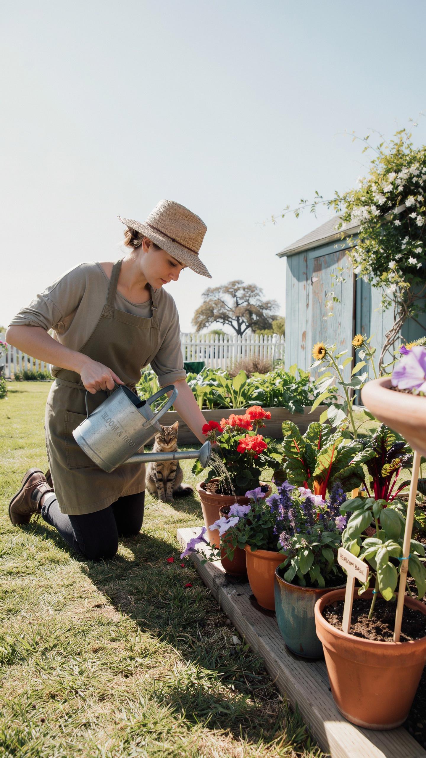A woman with a straw hat and an apron kneels on green grass, watering a row of potted plants with a silver watering can in a sunlit garden.