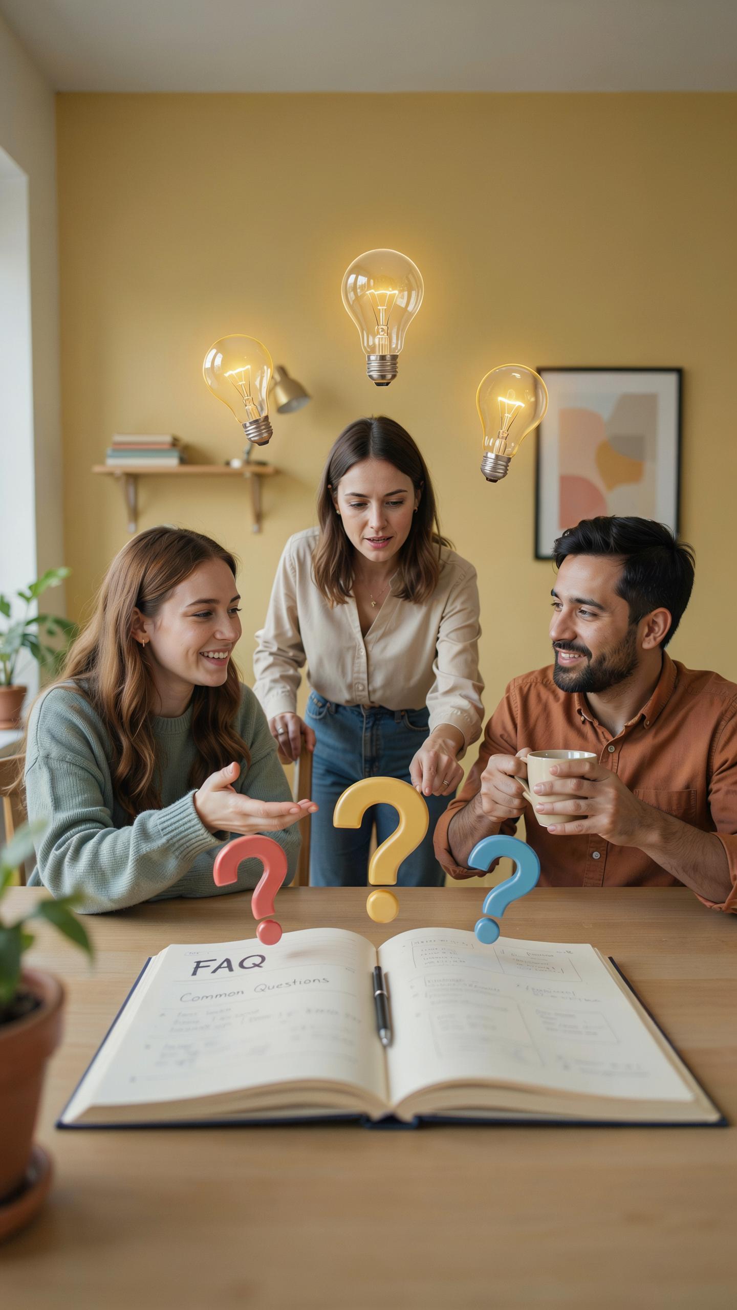 Three young adults, two women and one man, gather around an open book labeled "FAQ" on a wooden table, with three colorful 3D question marks standing