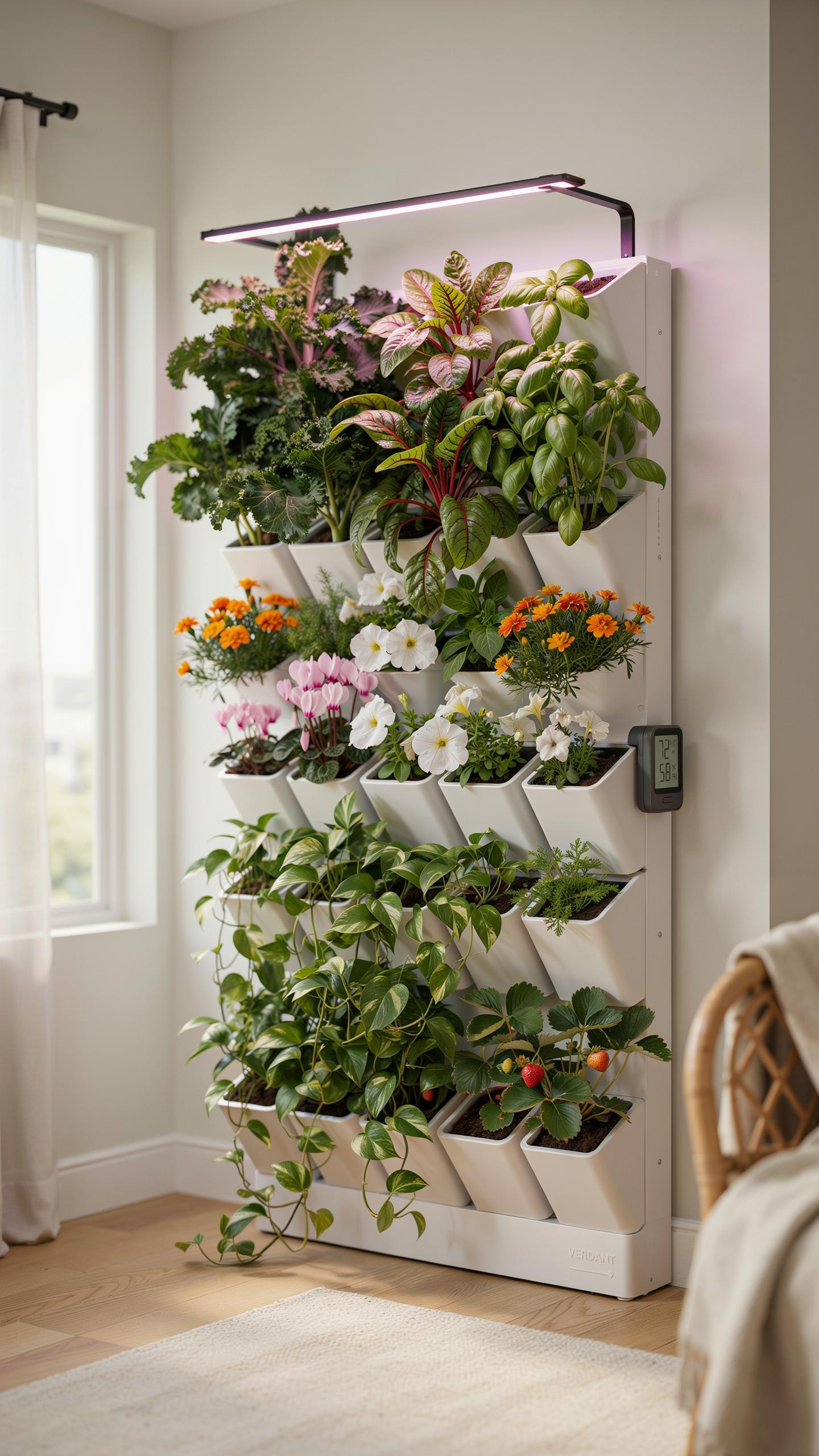A tall, white vertical garden system with five tiers of various plants, including leafy greens, flowering plants, and small fruiting plants, stands ag