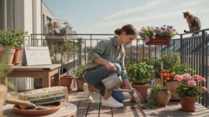 A woman in a green shirt and jeans crouches on a sunlit balcony, watering plants in terracotta pots with a gray watering can, while a tabby cat sits o