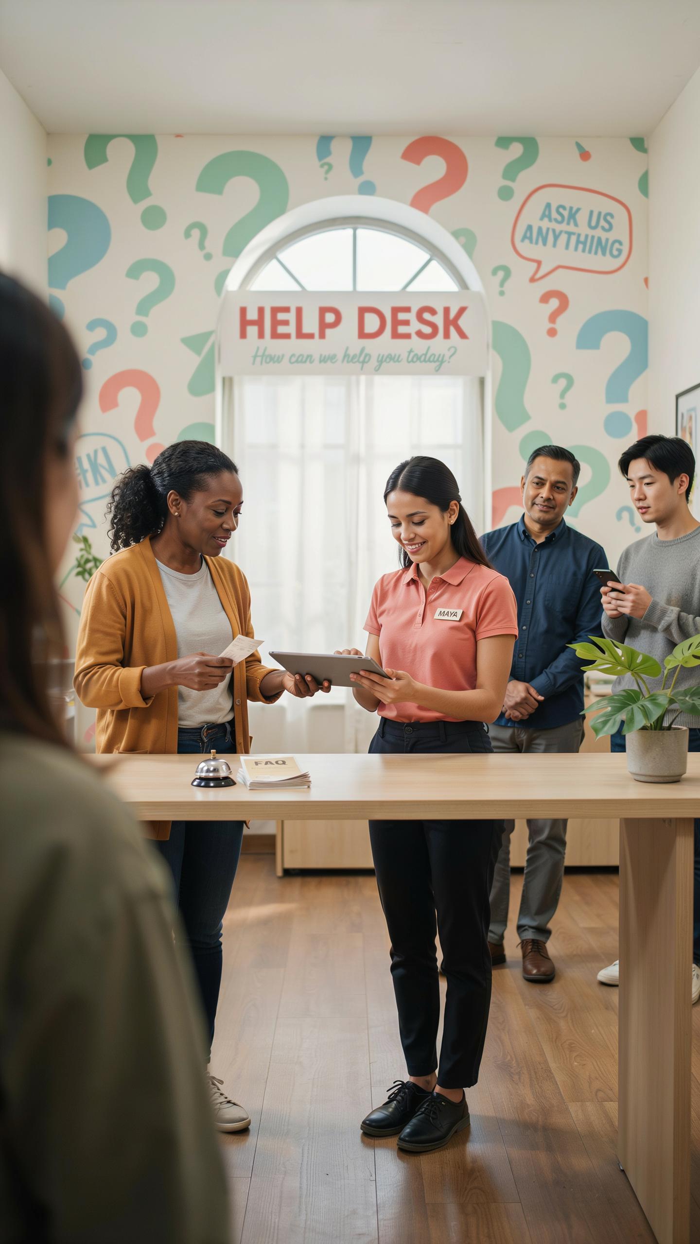 A help desk scene featuring a diverse group of people. A smiling Black woman in a mustard yellow cardigan stands at a counter, exchanging an item with