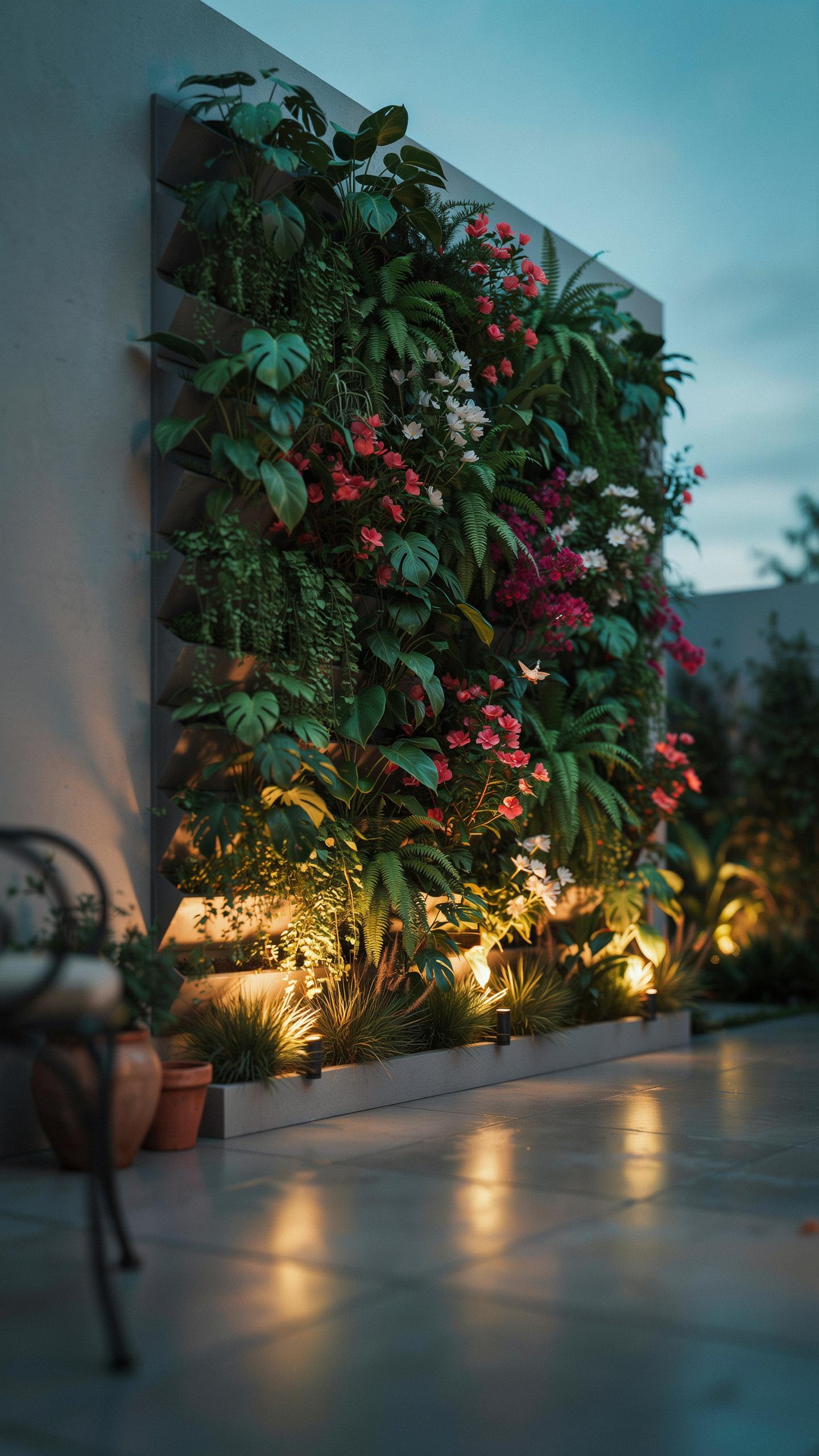 A vibrant vertical garden filled with various green plants and pink and white flowers is illuminated by warm up-lighting at its base, creating a soft