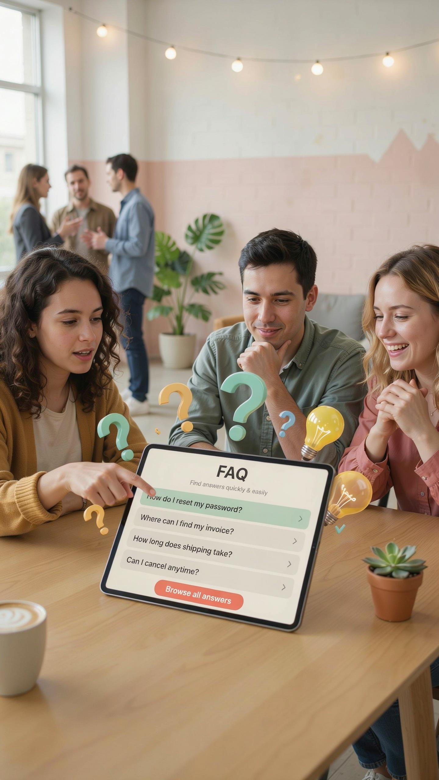 Three young adults, two women and one man, are seated at a wooden table in a cafe, looking at a tablet displaying an FAQ page. The woman on the left p