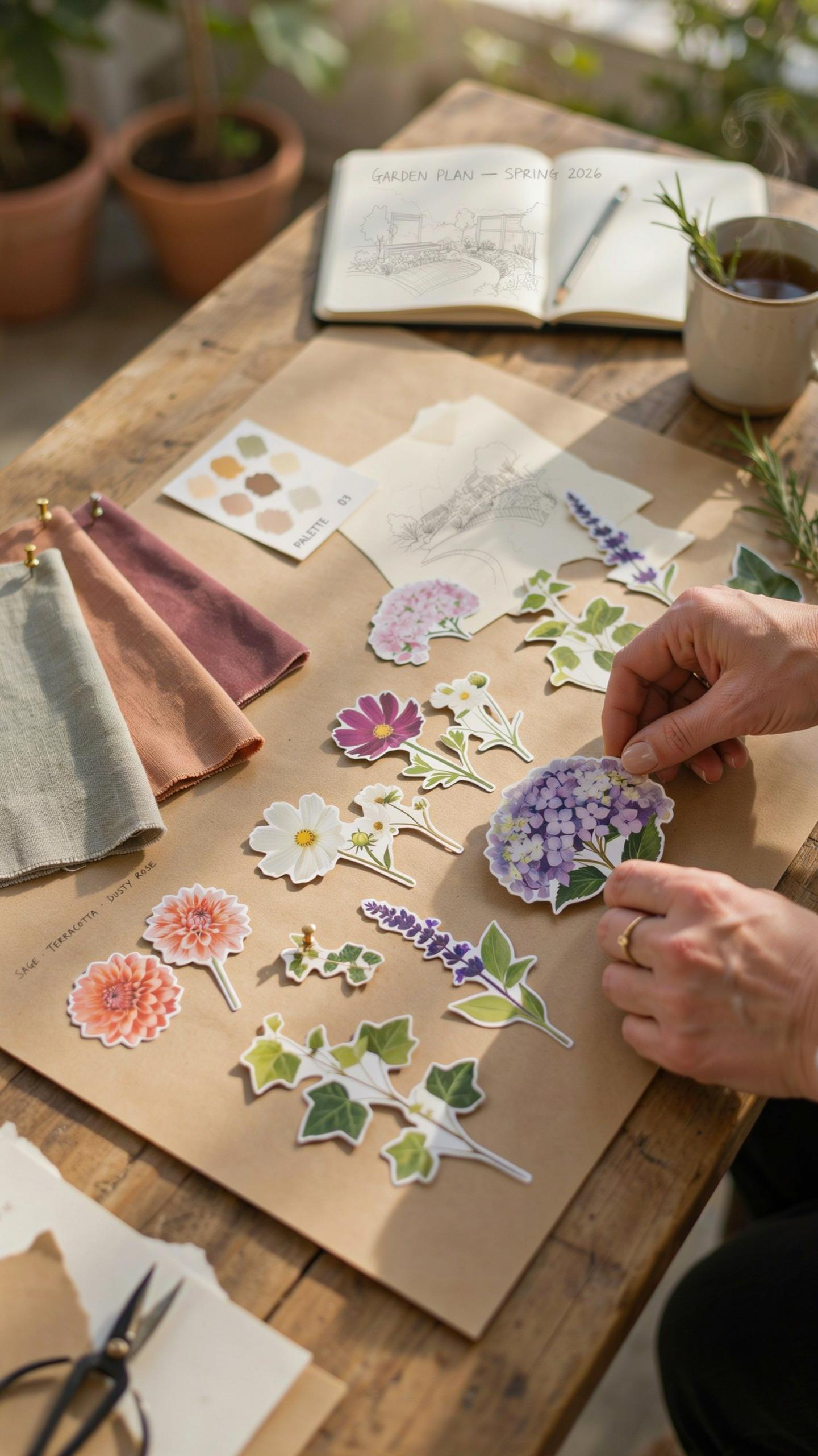 A person's hands are arranging various cut-out paper floral designs on a large piece of brown paper, surrounded by craft supplies and a notebook on a