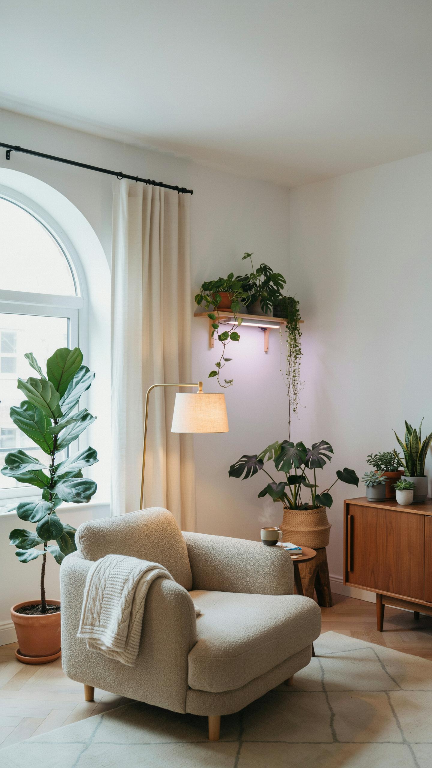 A cozy living room features a light beige armchair with a blanket, a floor lamp, and numerous potted plants, including a large fiddle-leaf fig tree ne