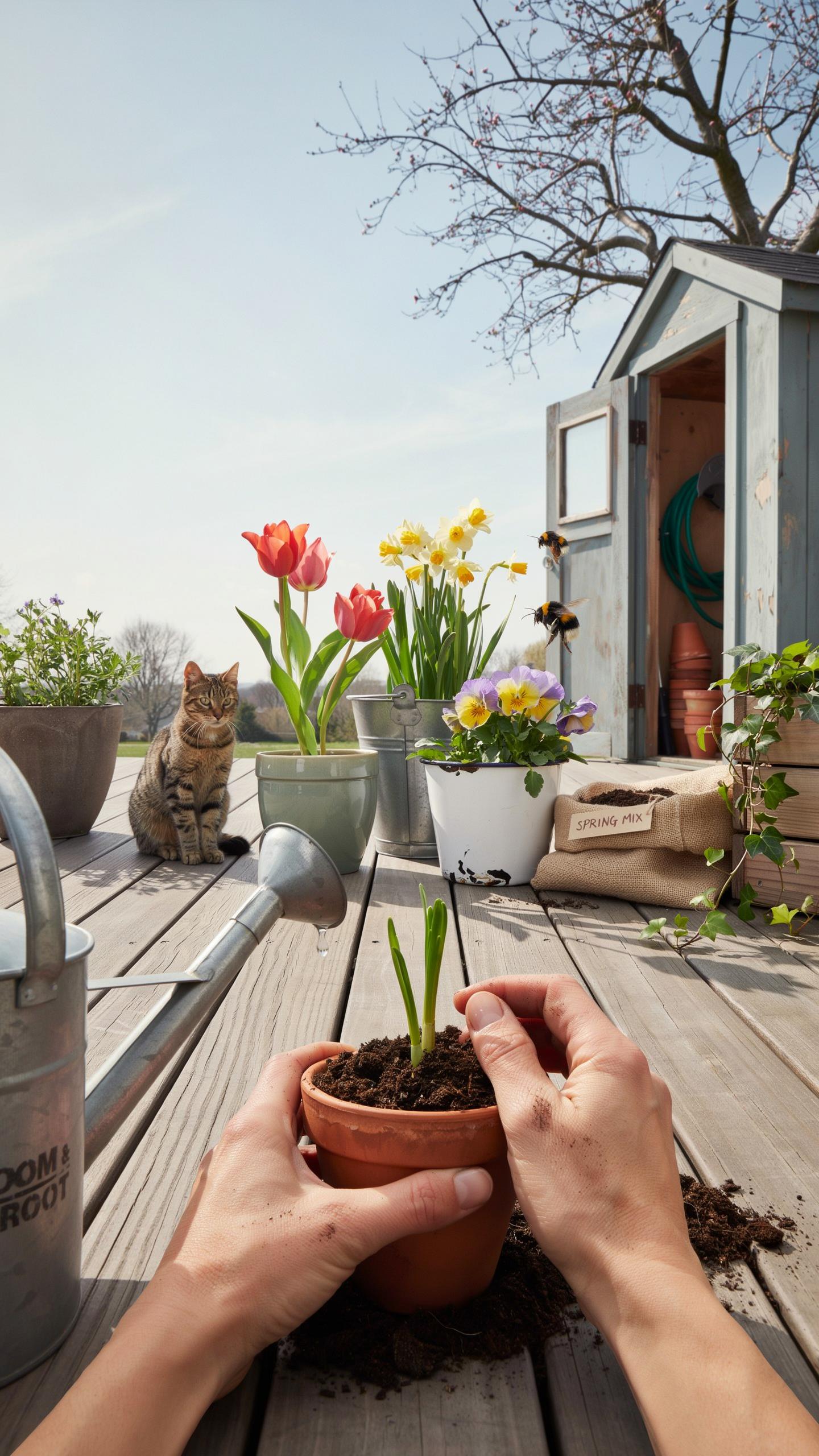 A close-up view shows a person's hands planting a small green sprout in a terracotta pot on a wooden deck, with a cat, several potted spring flowers,