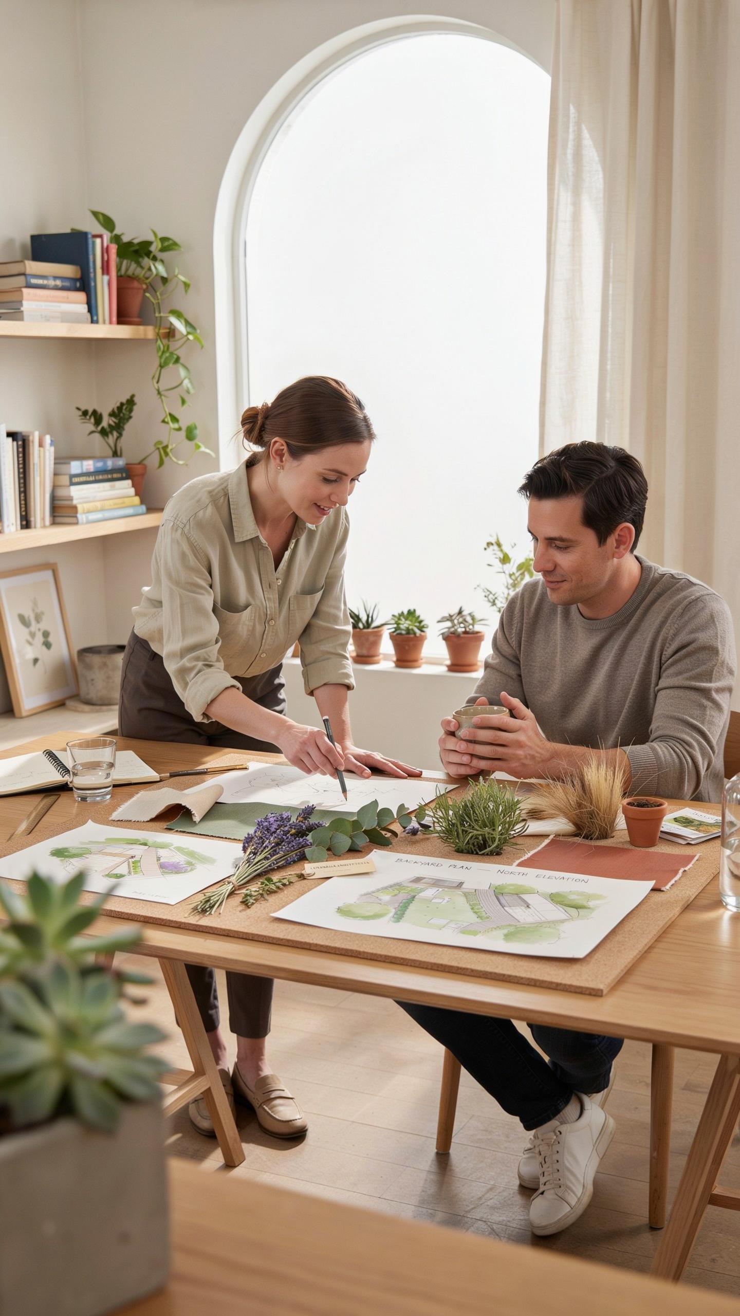 A smiling woman in a beige shirt and dark pants points at a large open book on a wooden table, while a man in a brown sweater sits across from her, lo