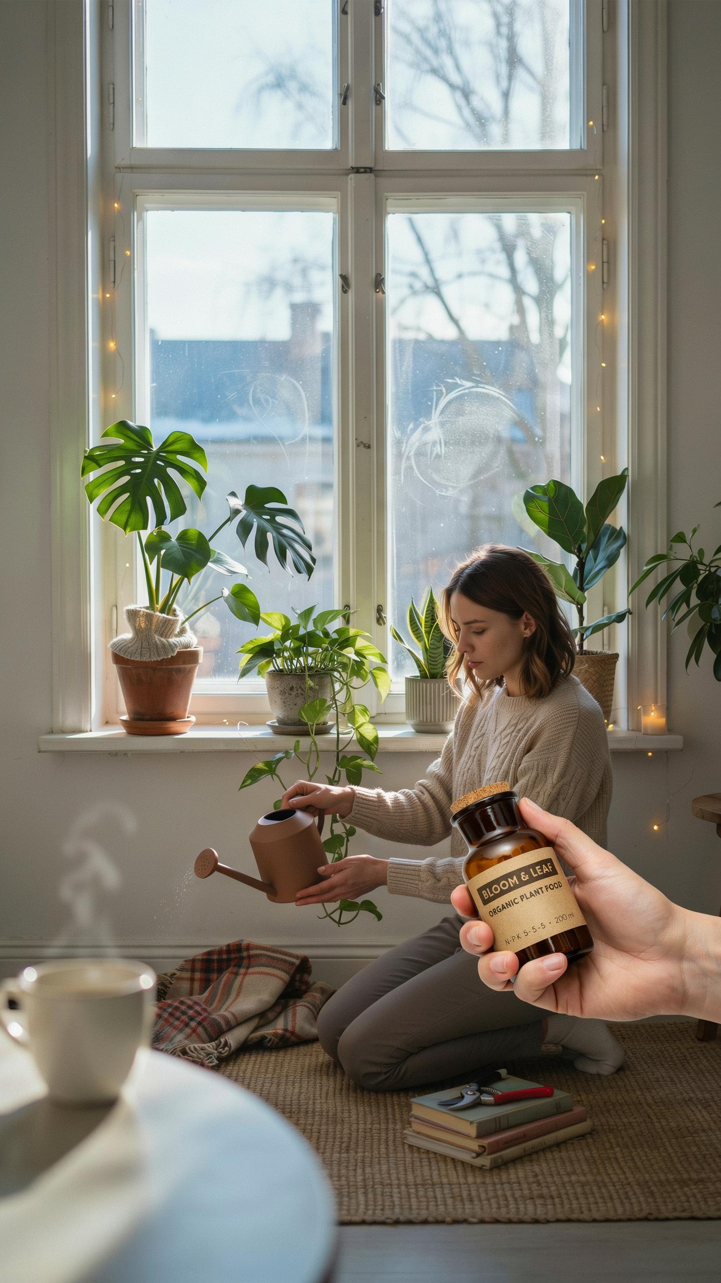 A young woman kneels on the floor by a large window, watering a small potted plant, surrounded by other plants; in the foreground, a hand holds up a b