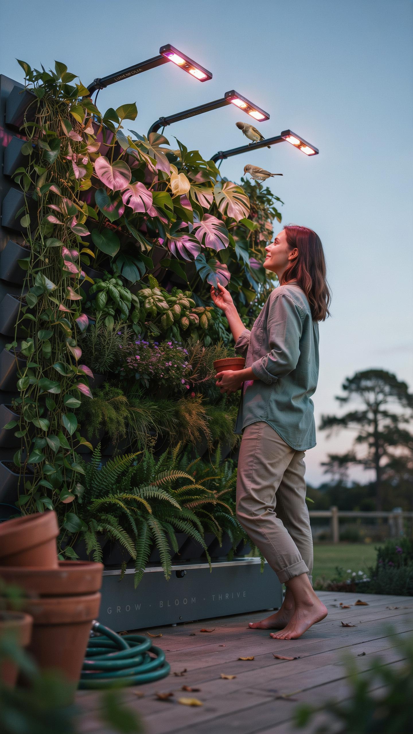 A barefoot woman in a green shirt and tan pants tends to a lush vertical garden under grow lights at dusk, with terracotta pots and a hose coiled on t
