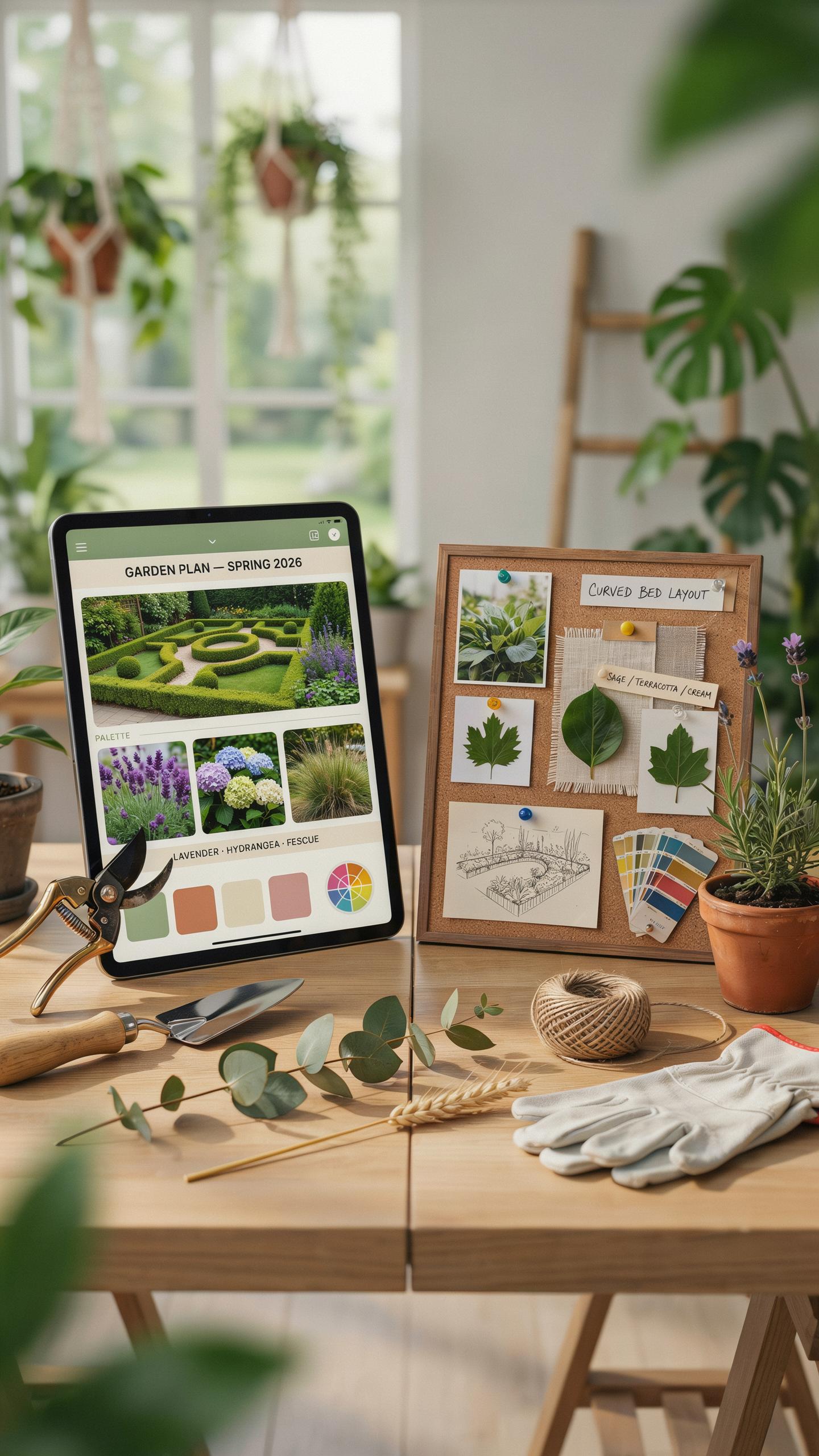 A wooden table in a brightly lit room with several plants holds gardening tools, a tablet displaying garden design ideas, and a cork board with inspir