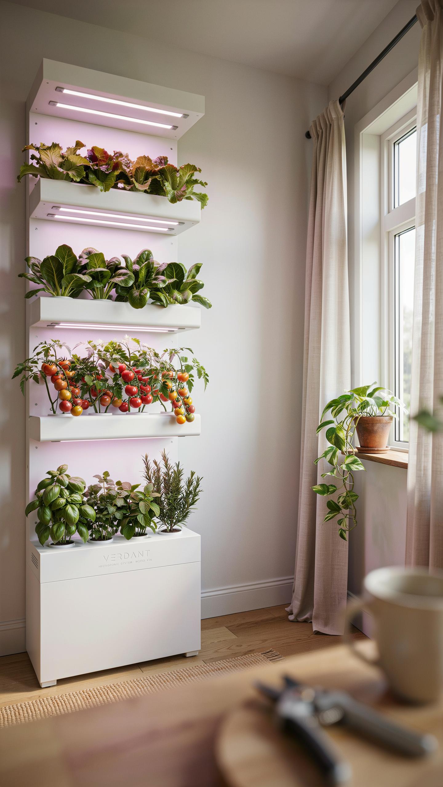 A white, five-tiered vertical indoor garden unit stands against a light wall, filled with various green and red plants under glowing LED lights, next