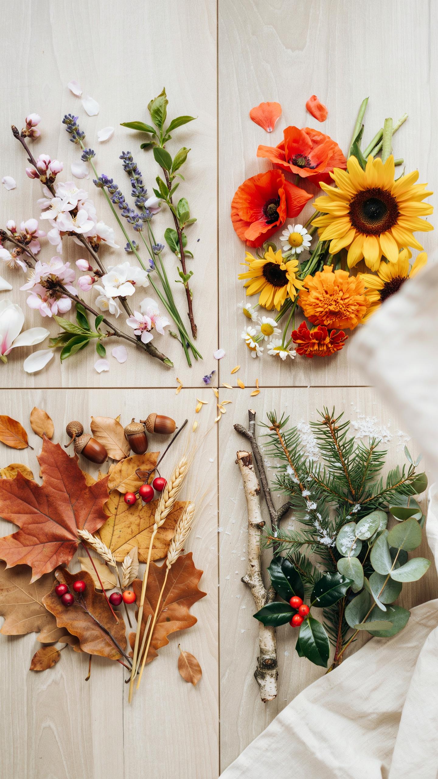 Four distinct quadrants on a light wood surface, each displaying natural elements representing a different season: spring with pink and white blossoms