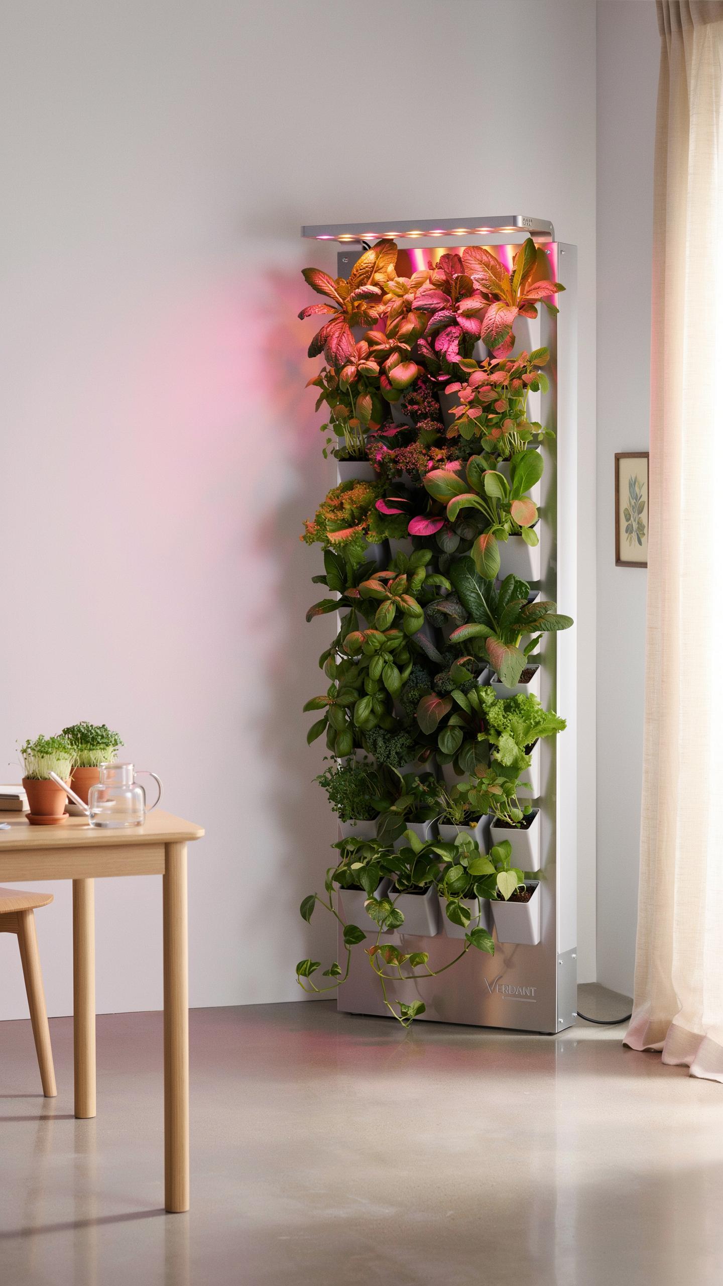 A sleek, tall indoor vertical garden with lush green and reddish-pink plants under grow lights stands against a white wall in a modern dining area, wi