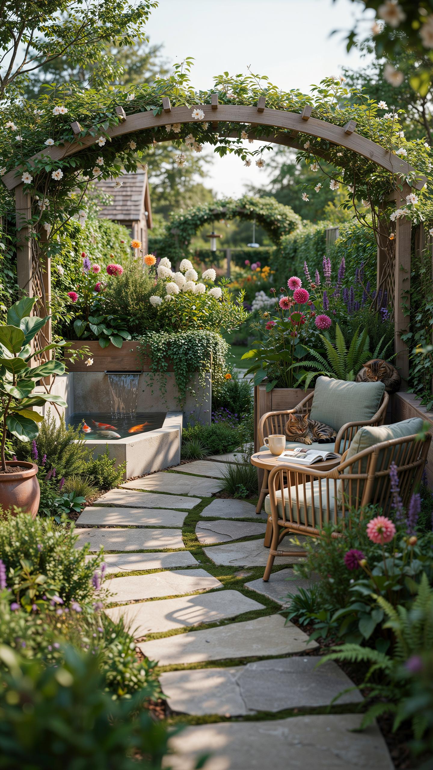 A serene garden path made of irregular stone pavers winds through lush greenery, leading under a rustic wooden archway covered in climbing white roses