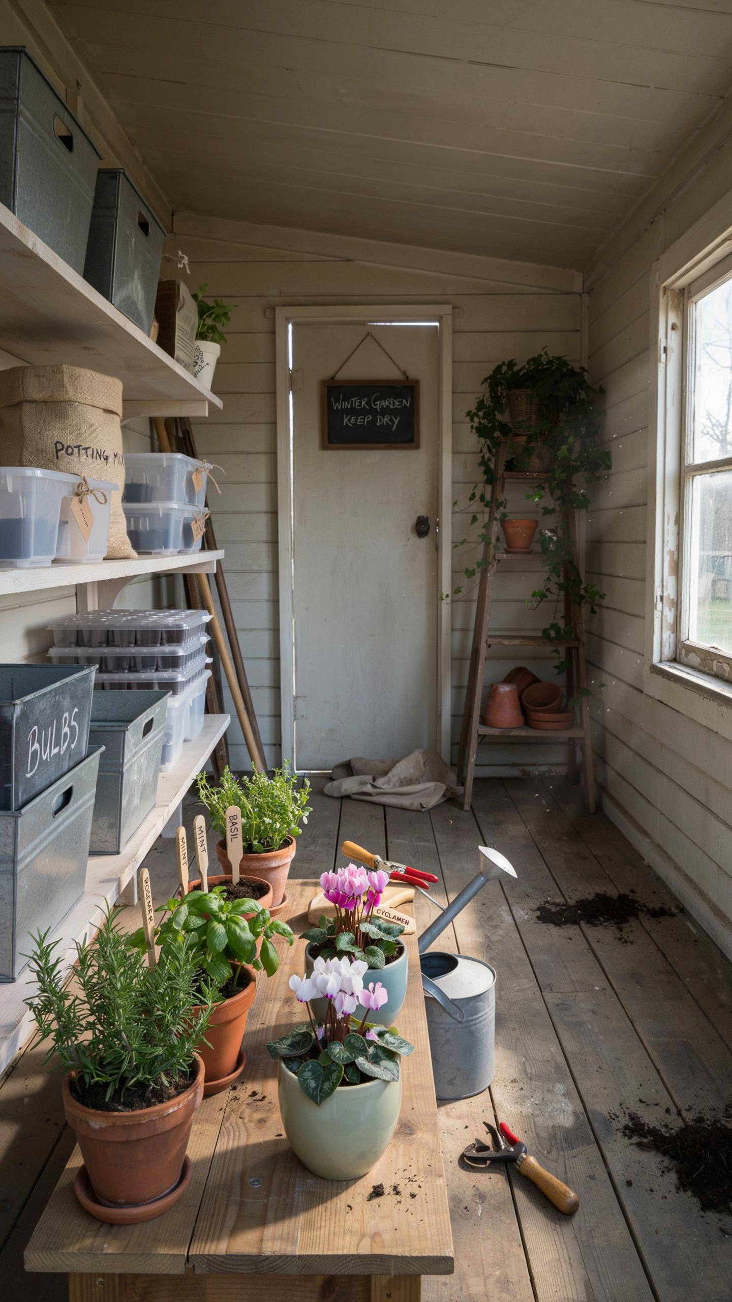 A rustic garden shed interior is filled with various potted plants on a wooden workbench, gardening tools, shelves with storage containers, and natura