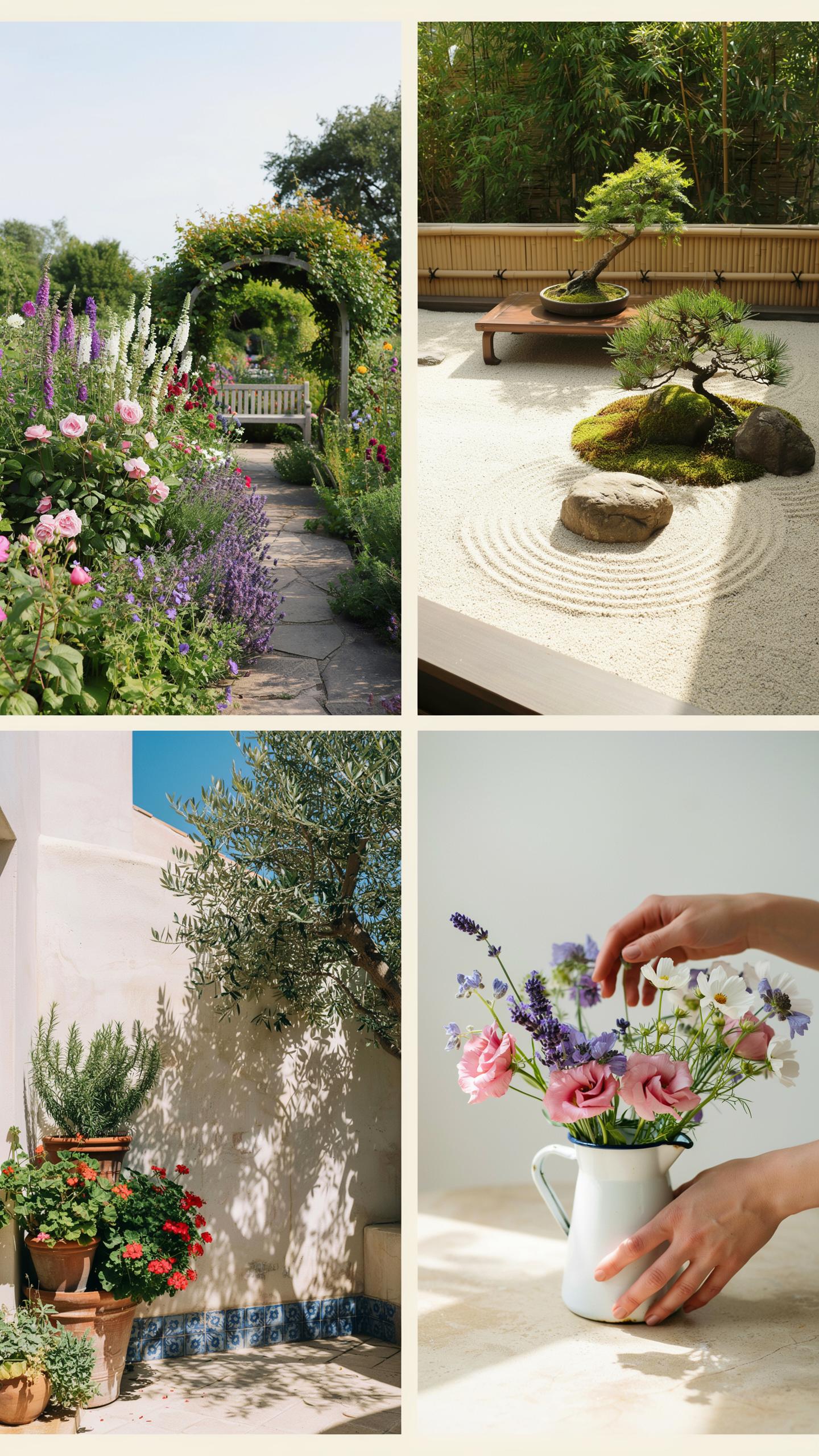 A four-panel collage showcasing garden and floral themes. The top left panel shows a lush garden path with a floral archway. The top right panel featu