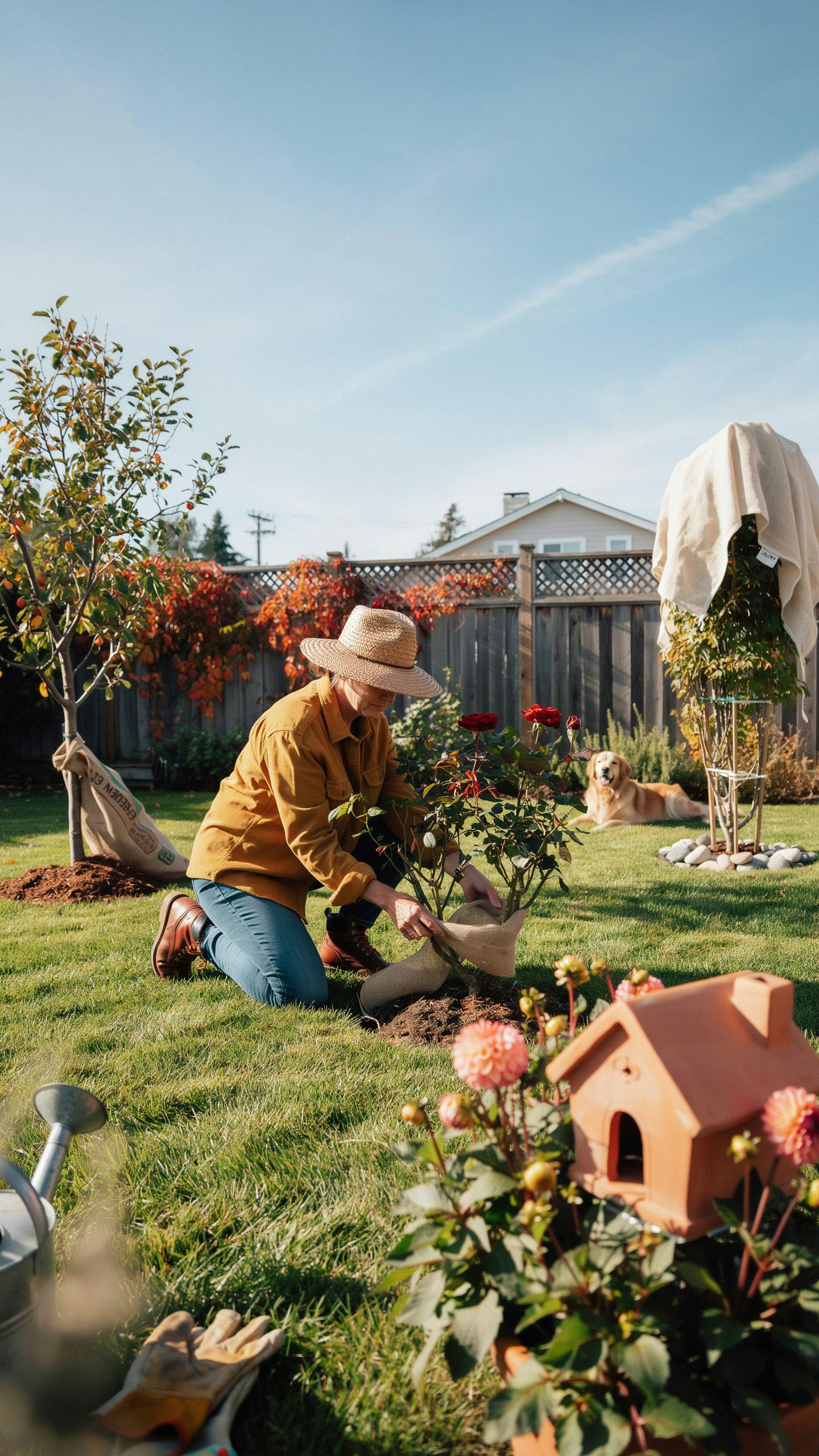 A person in a straw hat and brown shirt kneels on a lush green lawn, planting a potted flowering plant in a garden, with other plants, a small tree, g