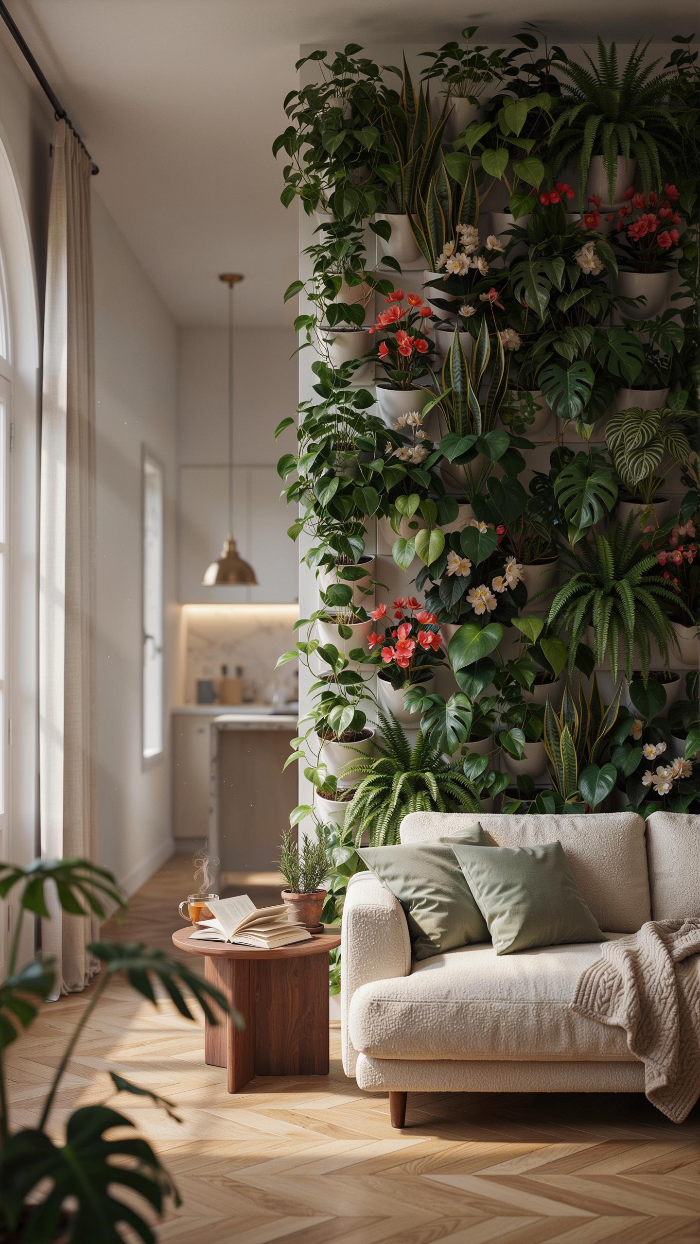 A bright, modern living room features a lush, floor-to-ceiling vertical garden wall next to a light-colored sofa with green throw pillows, and a small
