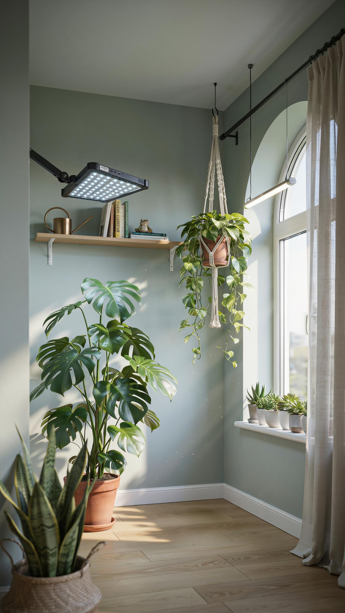 A cozy, well-lit indoor plant corner with light green walls and light wood flooring features several large and small green plants, a white-framed arch