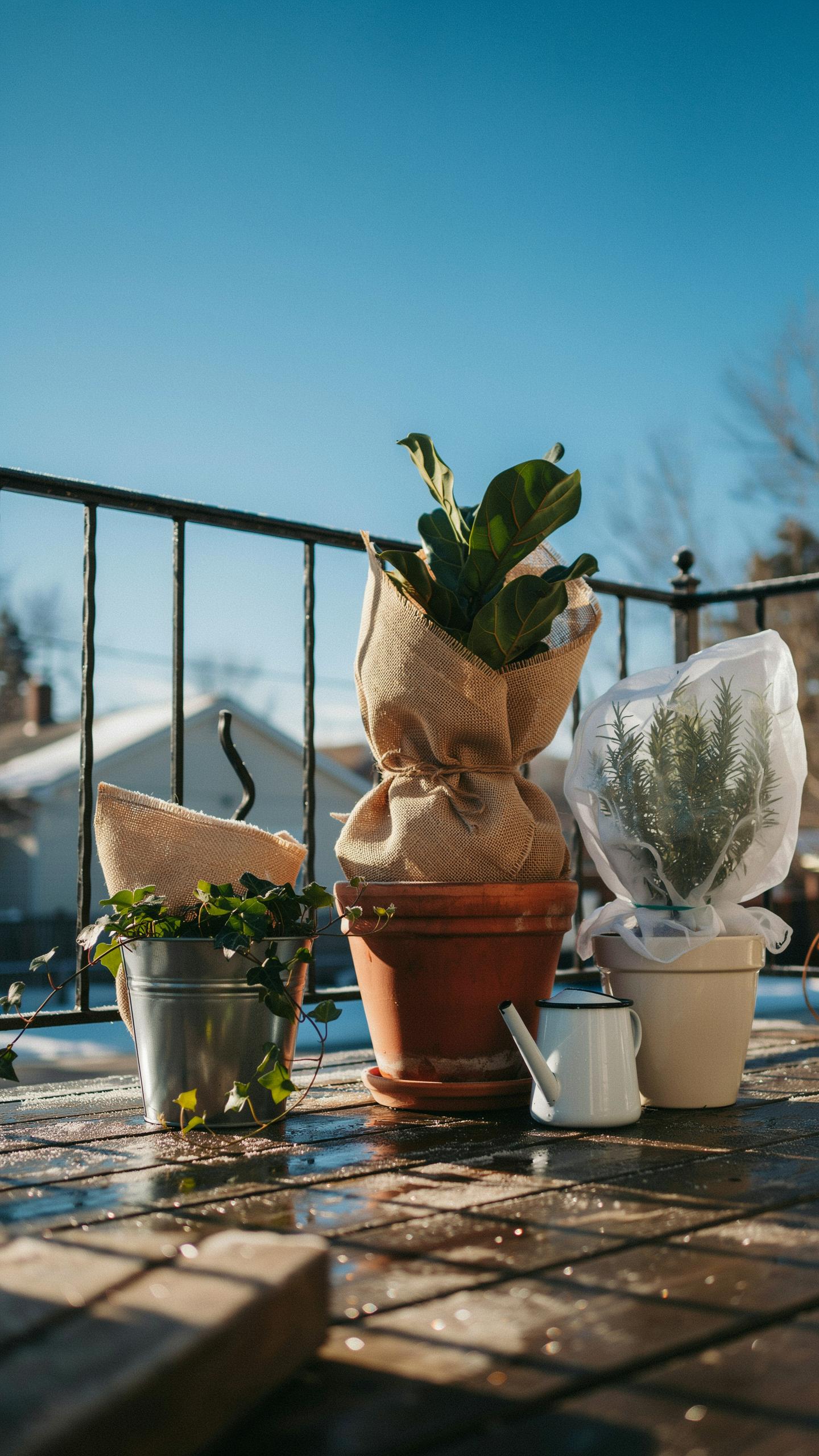 Three potted plants, one in a galvanized bucket, one wrapped in brown paper, and one covered with a plastic bag, sit on a wet, tiled outdoor surface o