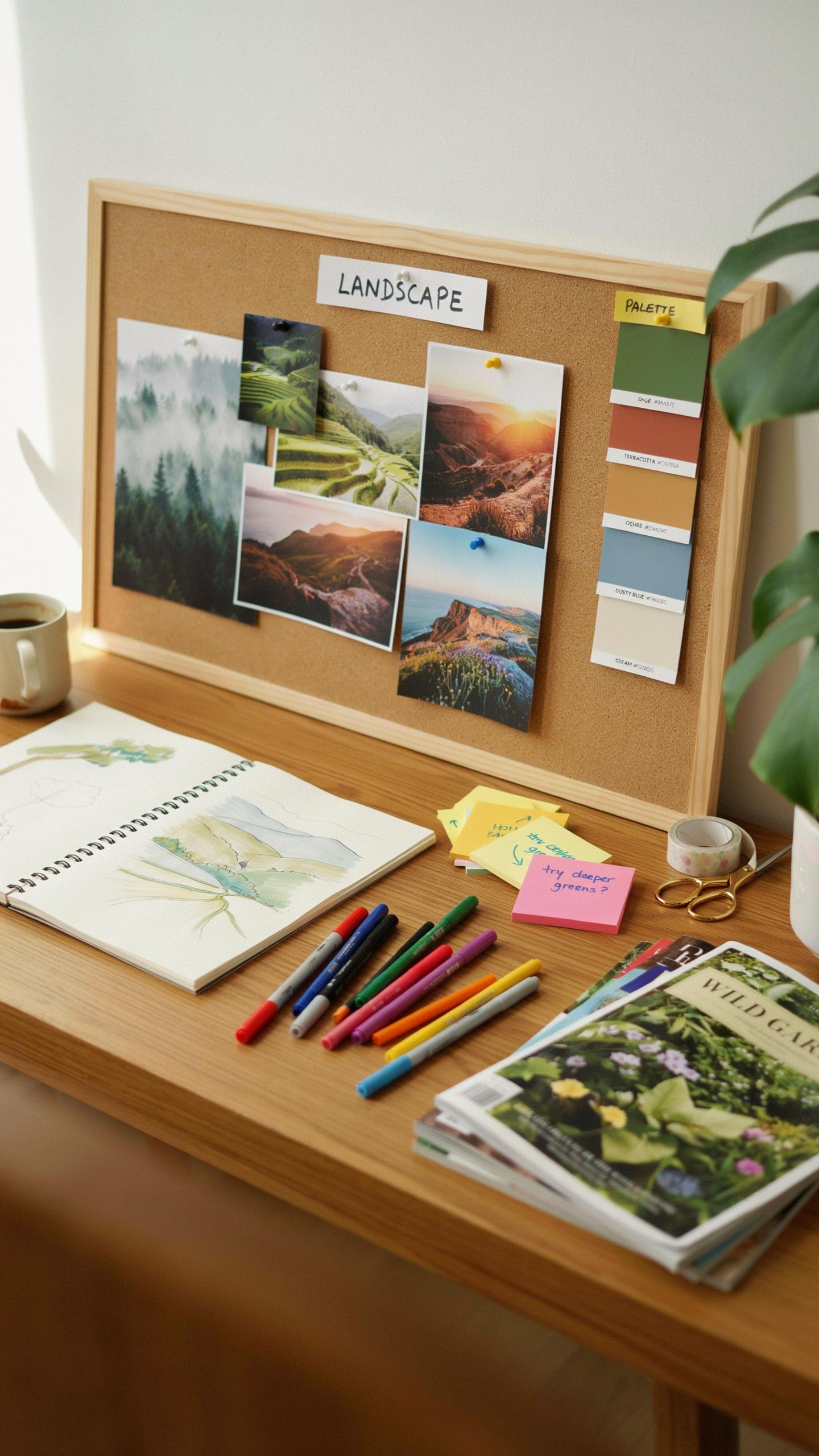A wooden desk features a cork board with landscape photos and color swatches, a spiral sketchbook with a drawing, colorful pens, sticky notes, washi t