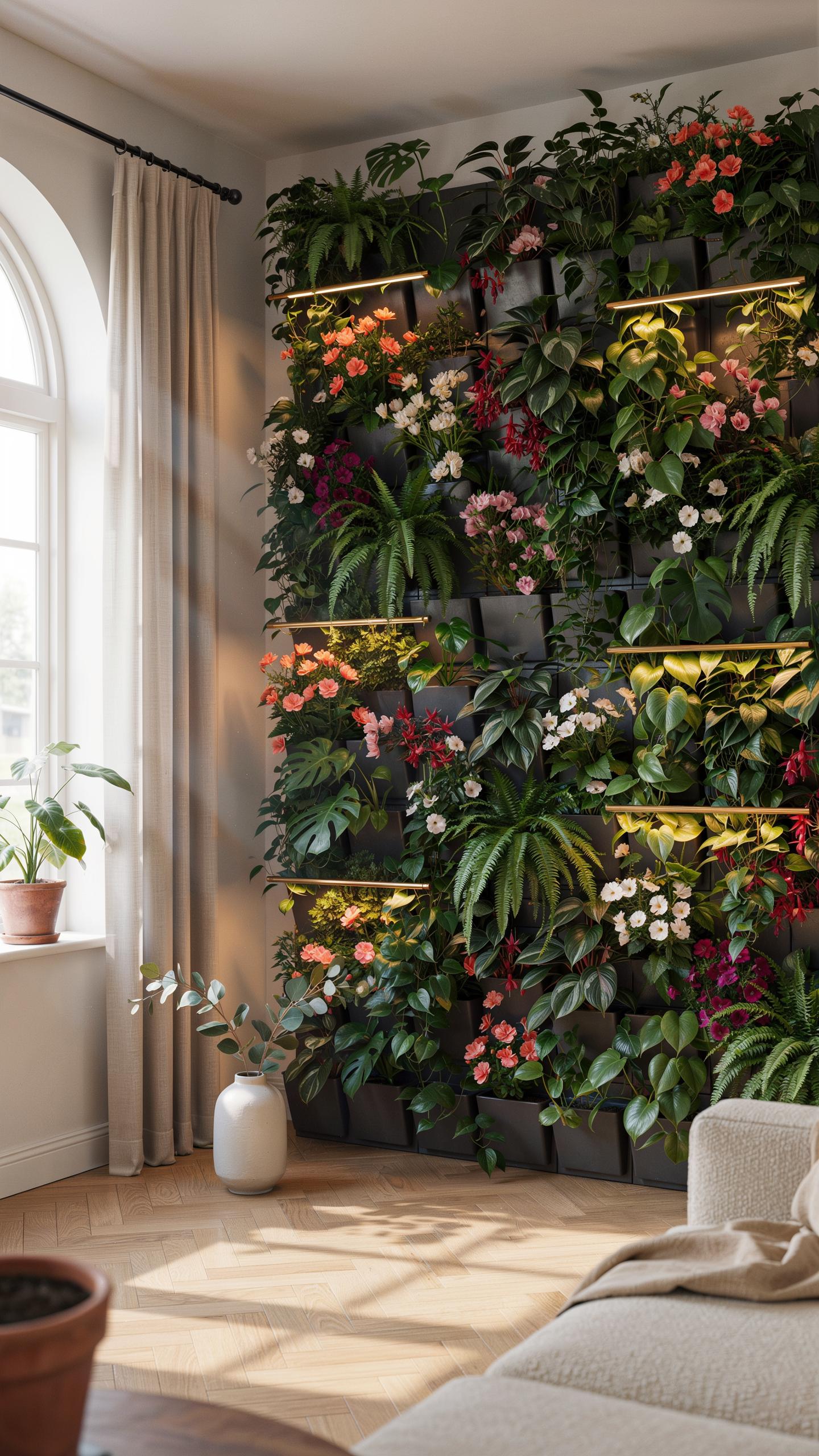 A living room features a large, lush vertical garden covering an entire wall with various green plants and colorful flowering begonias, illuminated by
