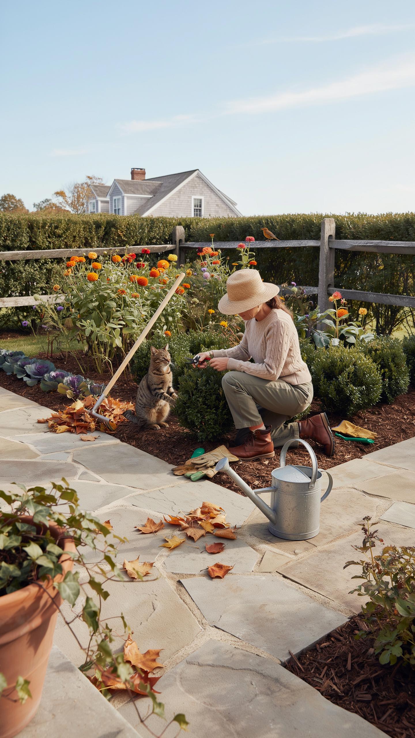 A woman in a straw hat kneels in a garden, pruning a bush with a cat sitting nearby, while autumn leaves are scattered on the stone patio.
