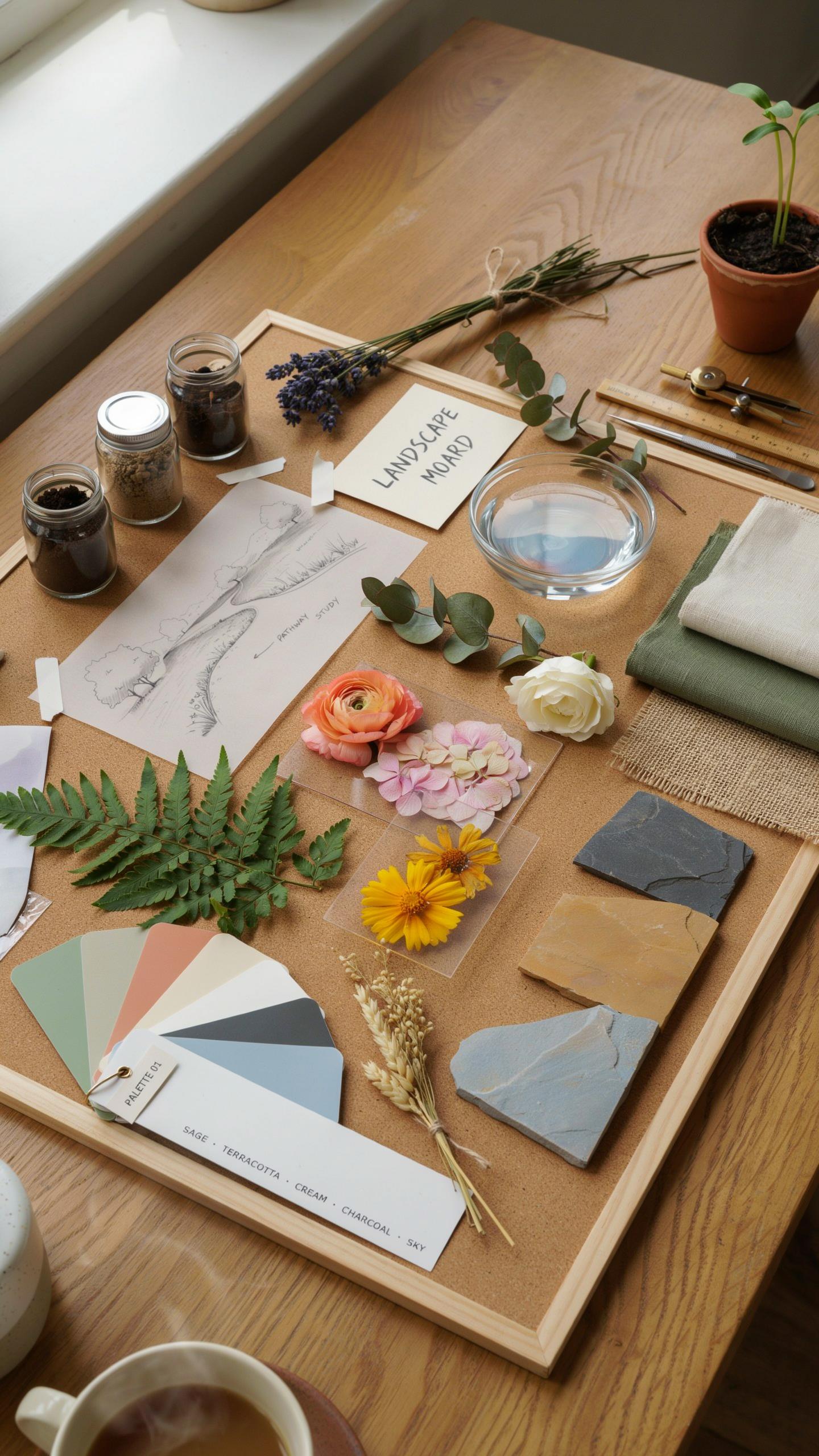 An overhead, slightly angled shot shows a rectangular cork mood board on a wooden table, featuring various design elements like paint swatches, fabric