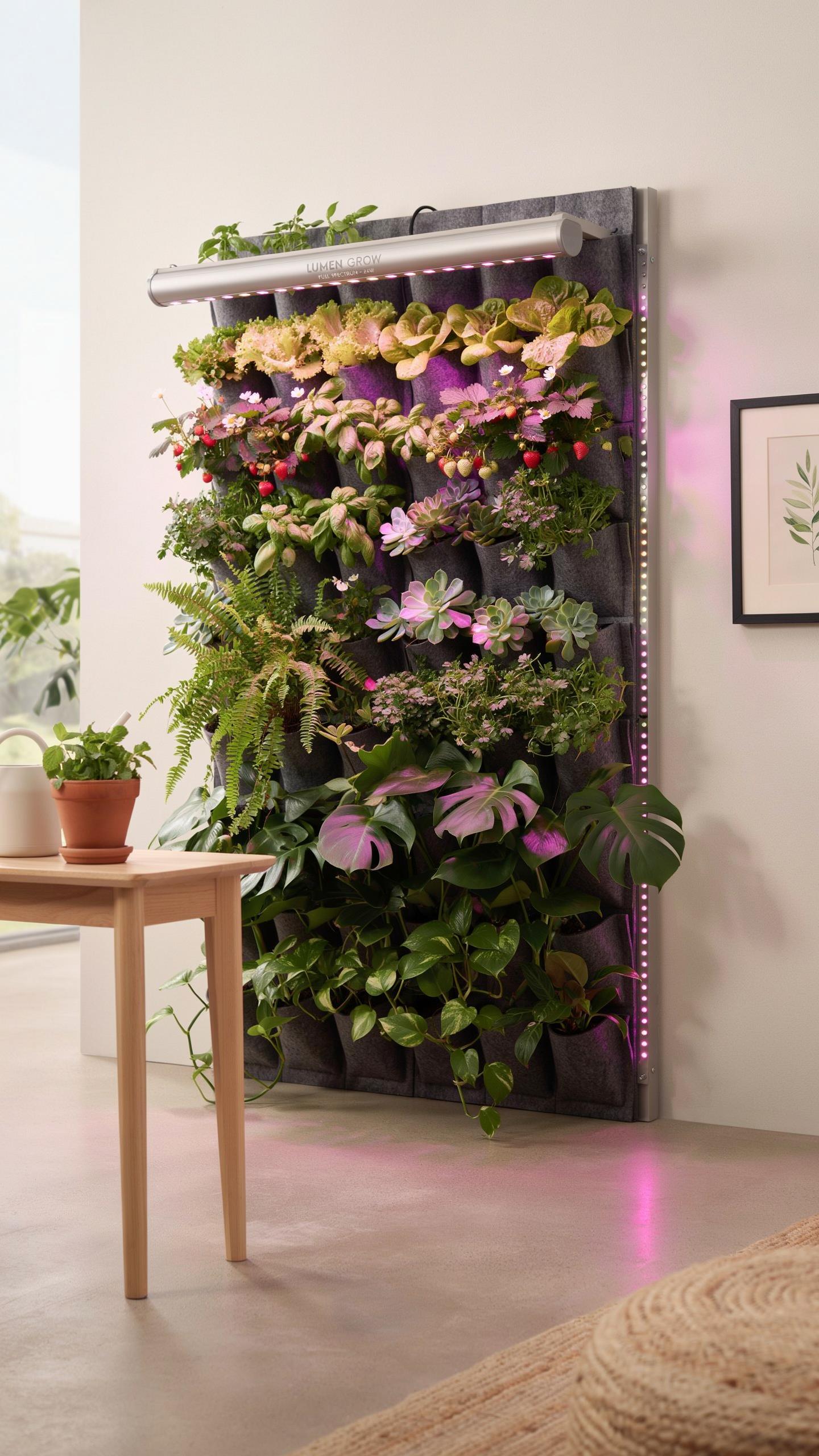A full-height vertical garden with various green and pink-tinged plants is mounted on a light-colored wall, illuminated by an overhead grow light and