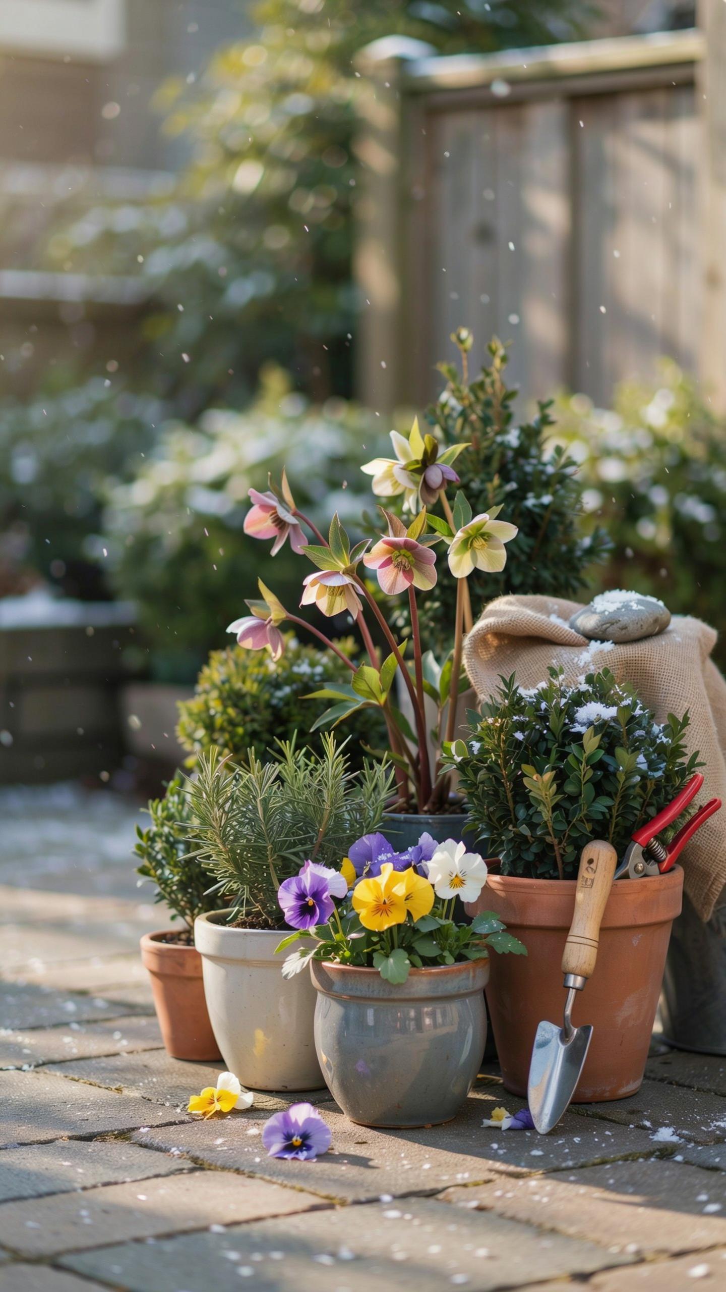 A close-up shot of various potted plants, including pansies and hellebores, arranged on a paved patio with light snow falling and a snowy garden in th