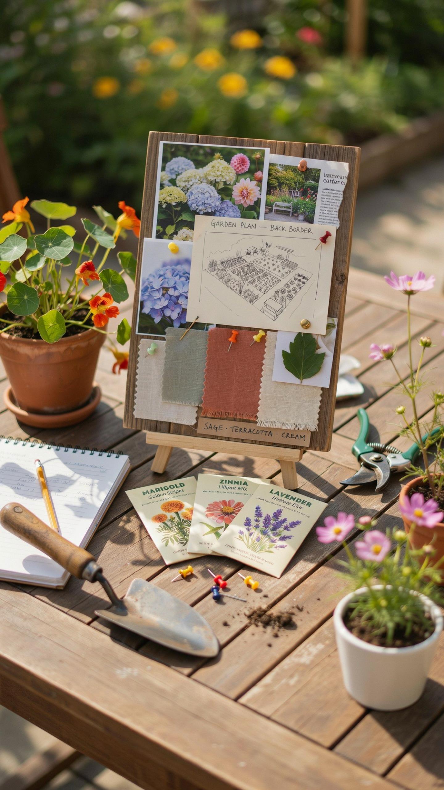 A rustic wooden table in a sunny garden features a mood board on an easel, seed packets, gardening tools, a potted plant, and a notebook with a pencil