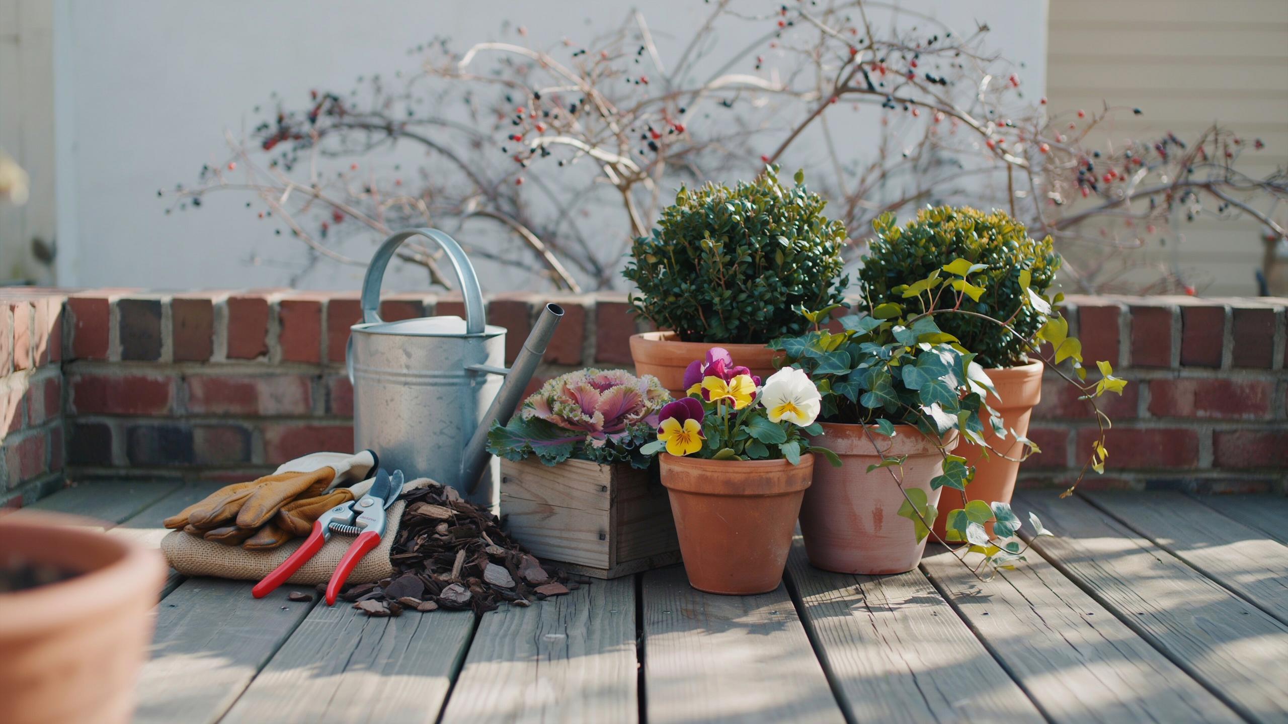 Gardening tools and potted plants are arranged on a light wooden deck against a brick wall, under bright sunlight.