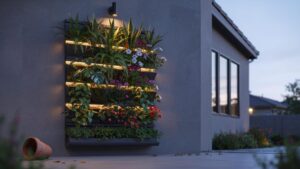 A modern vertical garden, illuminated by warm lights, is mounted on a light gray house wall in the early evening, with a terracotta pot lying on the g