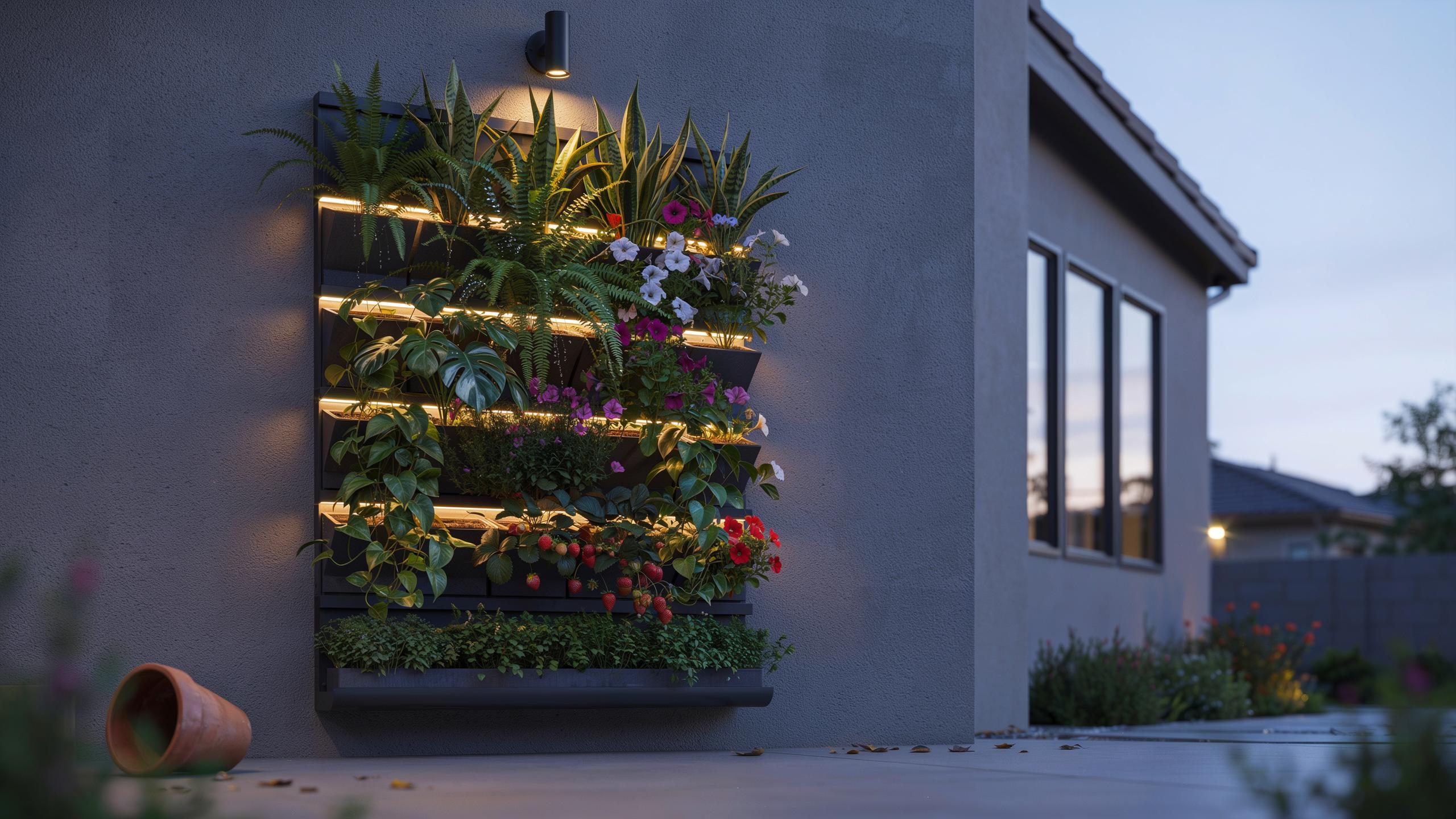 A modern vertical garden, illuminated by warm lights, is mounted on a light gray house wall in the early evening, with a terracotta pot lying on the g