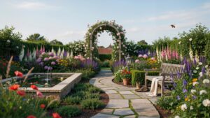 A beautiful, colorful garden path with a stone walkway leading to a floral archway, bordered by vibrant flowers and lush greenery, with a stone pond o