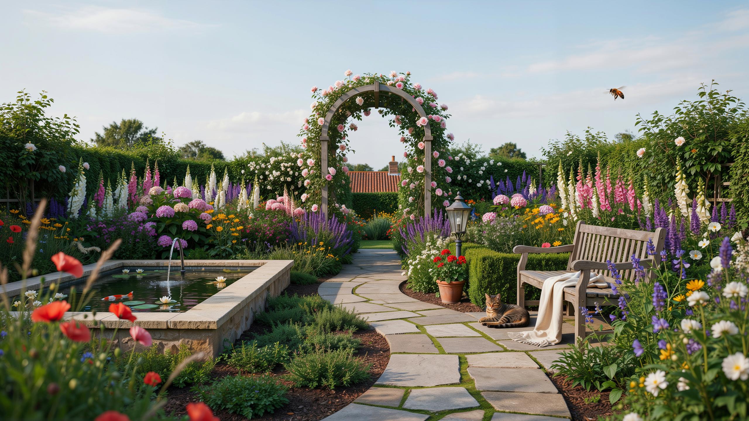 A beautiful, colorful garden path with a stone walkway leading to a floral archway, bordered by vibrant flowers and lush greenery, with a stone pond o