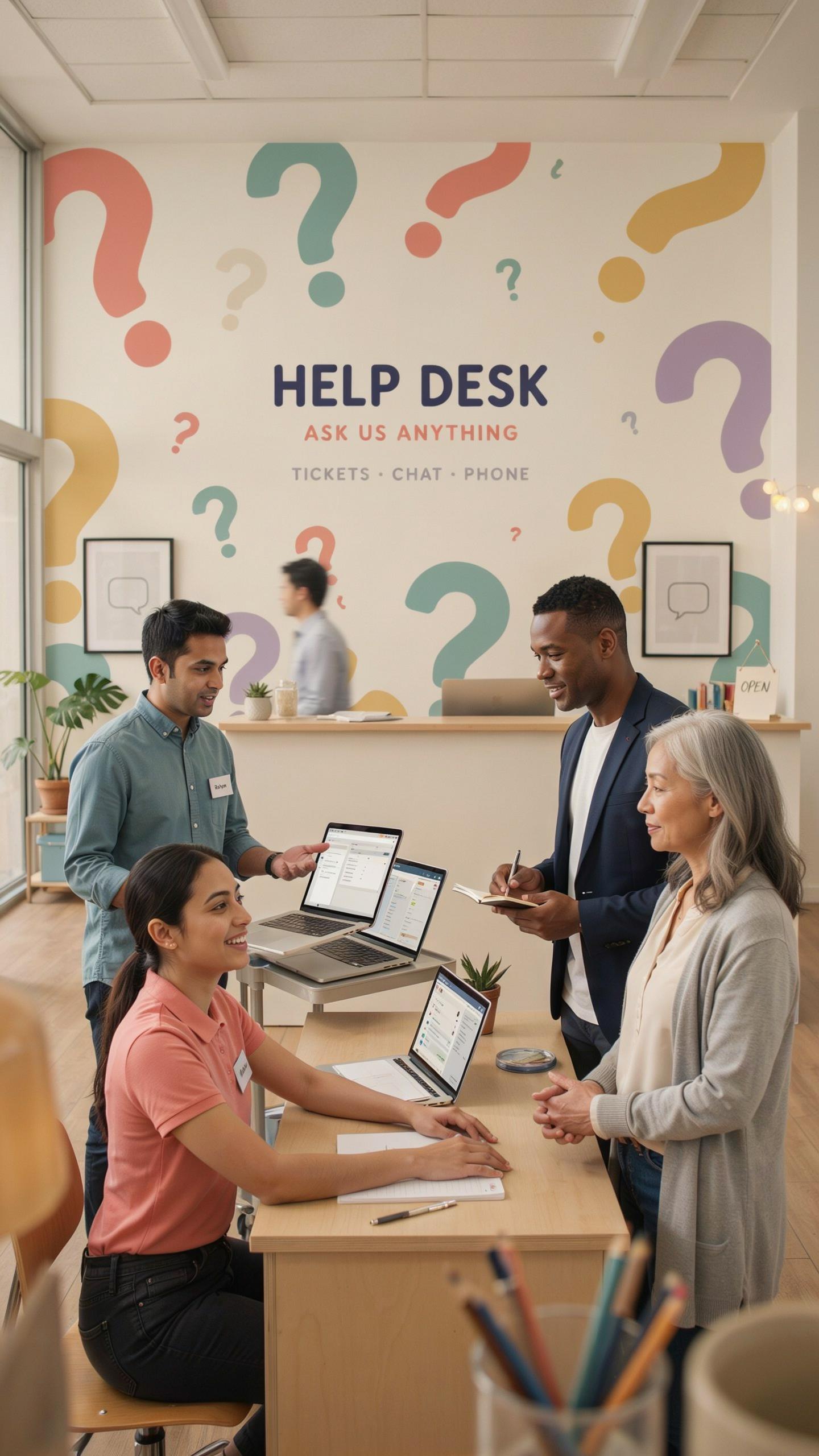 Four diverse people, two men and two women, are engaged in conversation and working on laptops at a wooden desk in a modern office with a colorful "HE