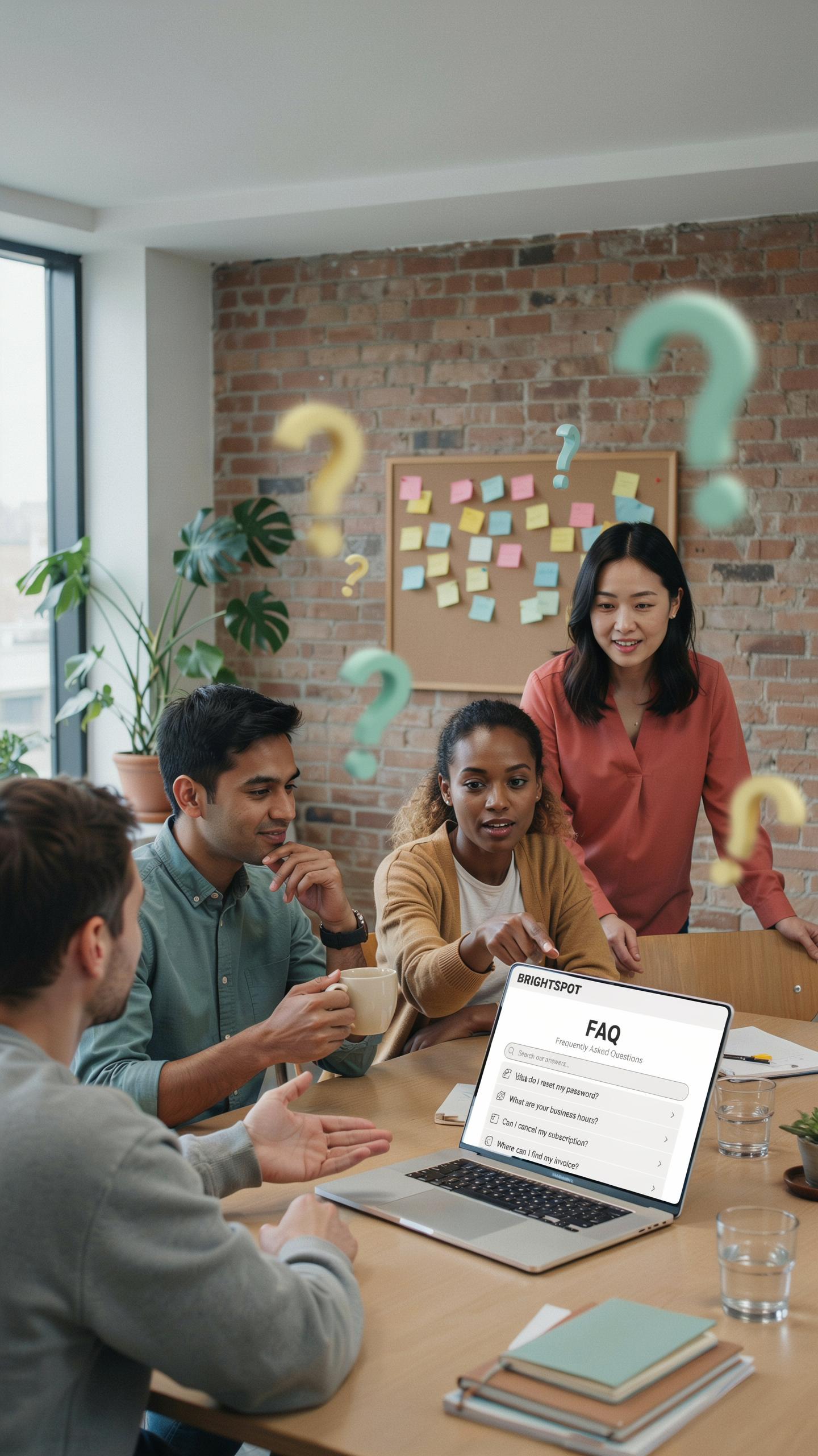 Four diverse professionals, three men and one woman, are gathered around a laptop on a table, with green and yellow glowing question marks digitally o