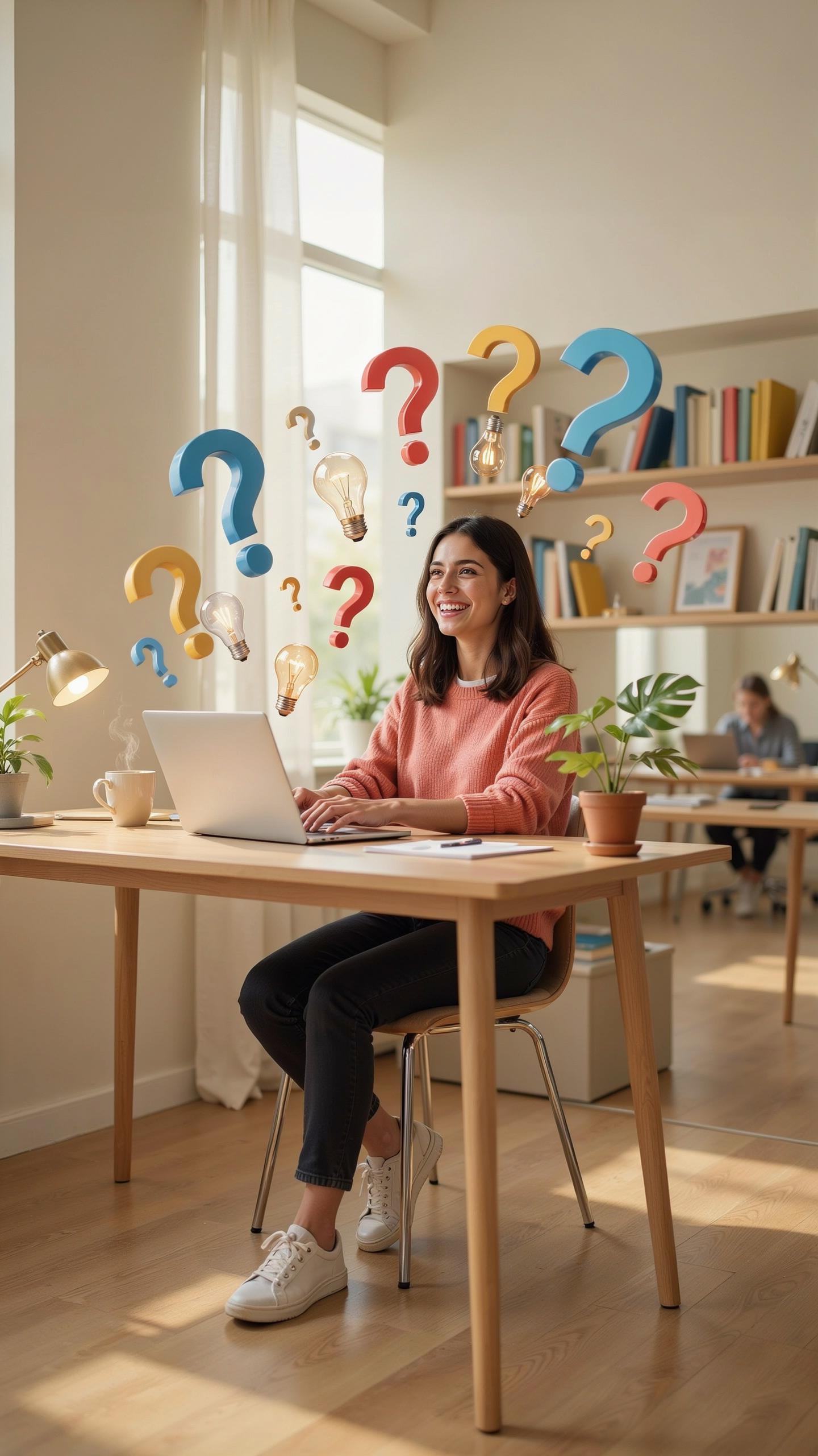 A young woman with dark hair sits at a light wooden desk, smiling while typing on a silver laptop, surrounded by colorful floating question marks and