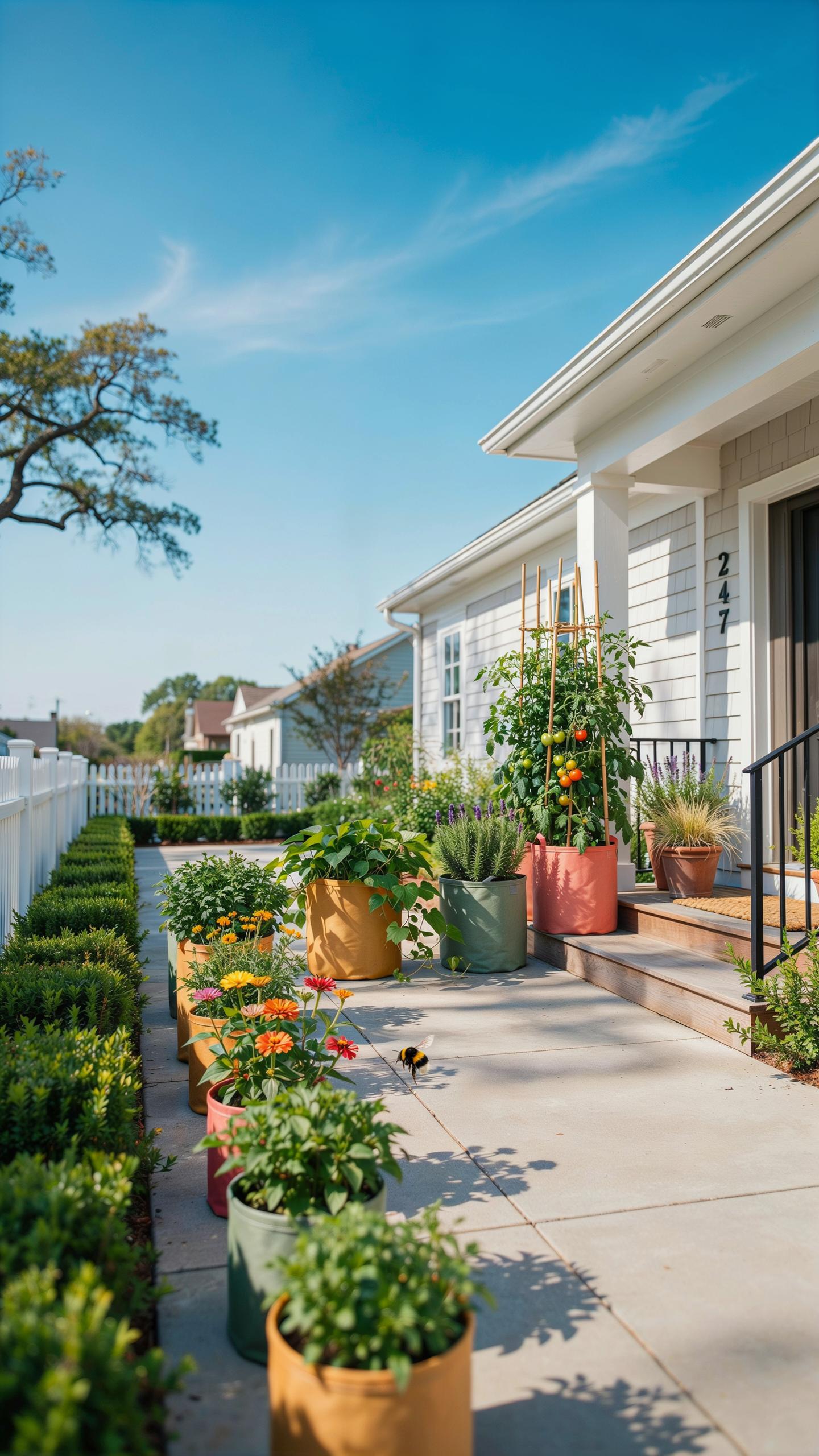 A narrow concrete walkway leads to the front porch of a light gray house, flanked on one side by a row of neatly trimmed green hedges and on the other