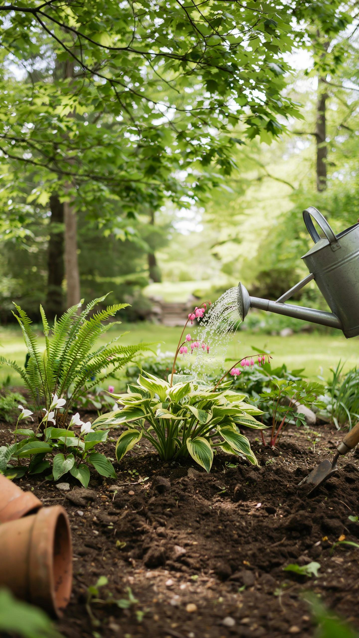A person is watering newly planted flowers and ferns in a garden with a metal watering can, with terra cotta pots in the foreground and a path leading