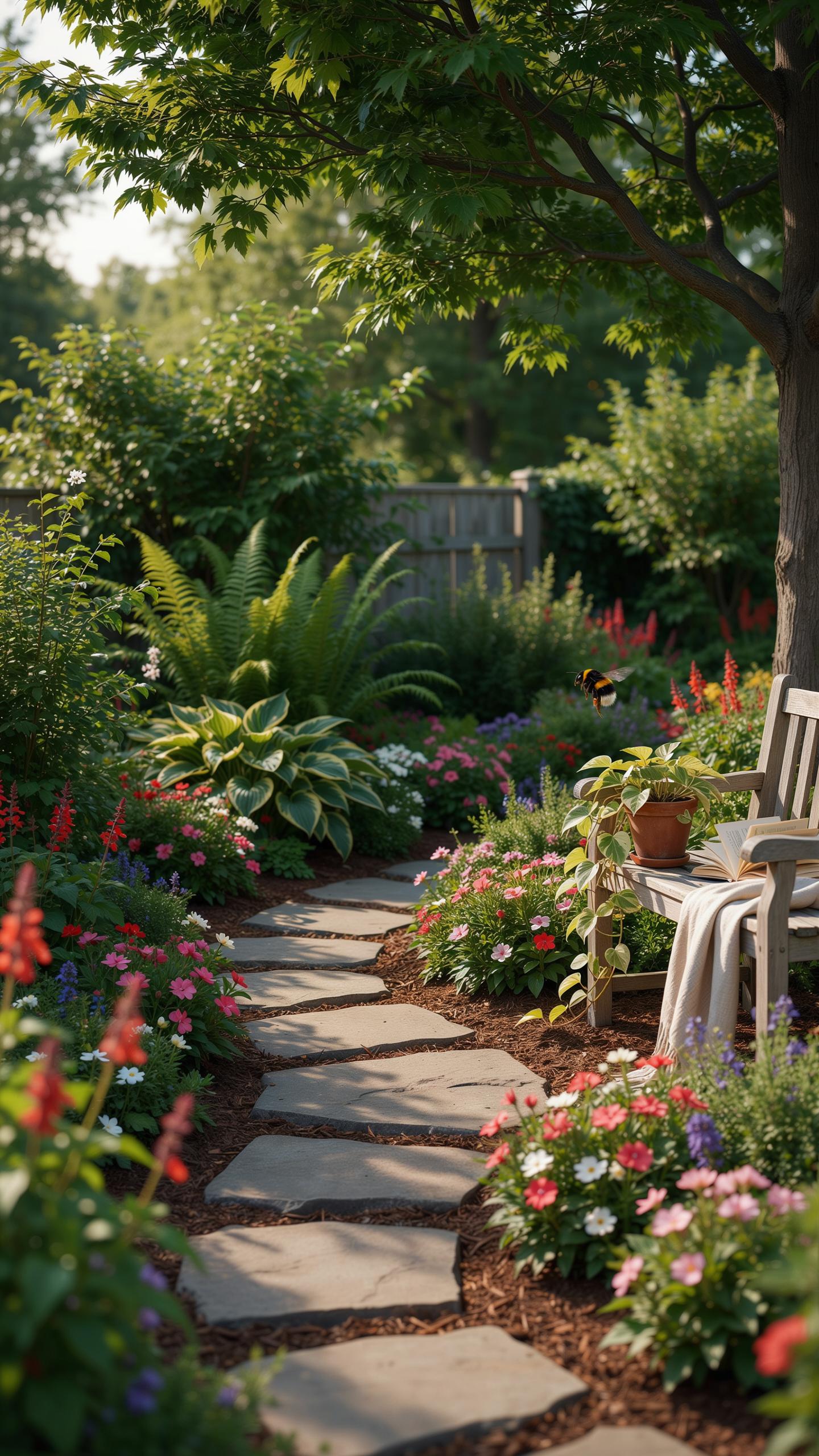 A stone pathway winds through a lush, colorful garden filled with various flowers and foliage, leading to a wooden bench nestled under the shade of a