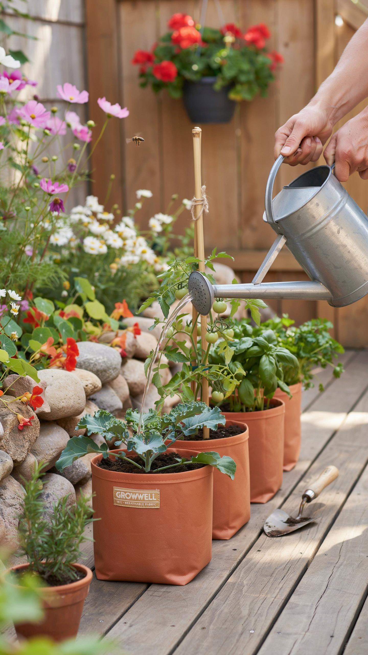 A person's hands hold a silver watering can, pouring water onto several plants in fabric pots lined up on a wooden deck, with a lush garden and flower