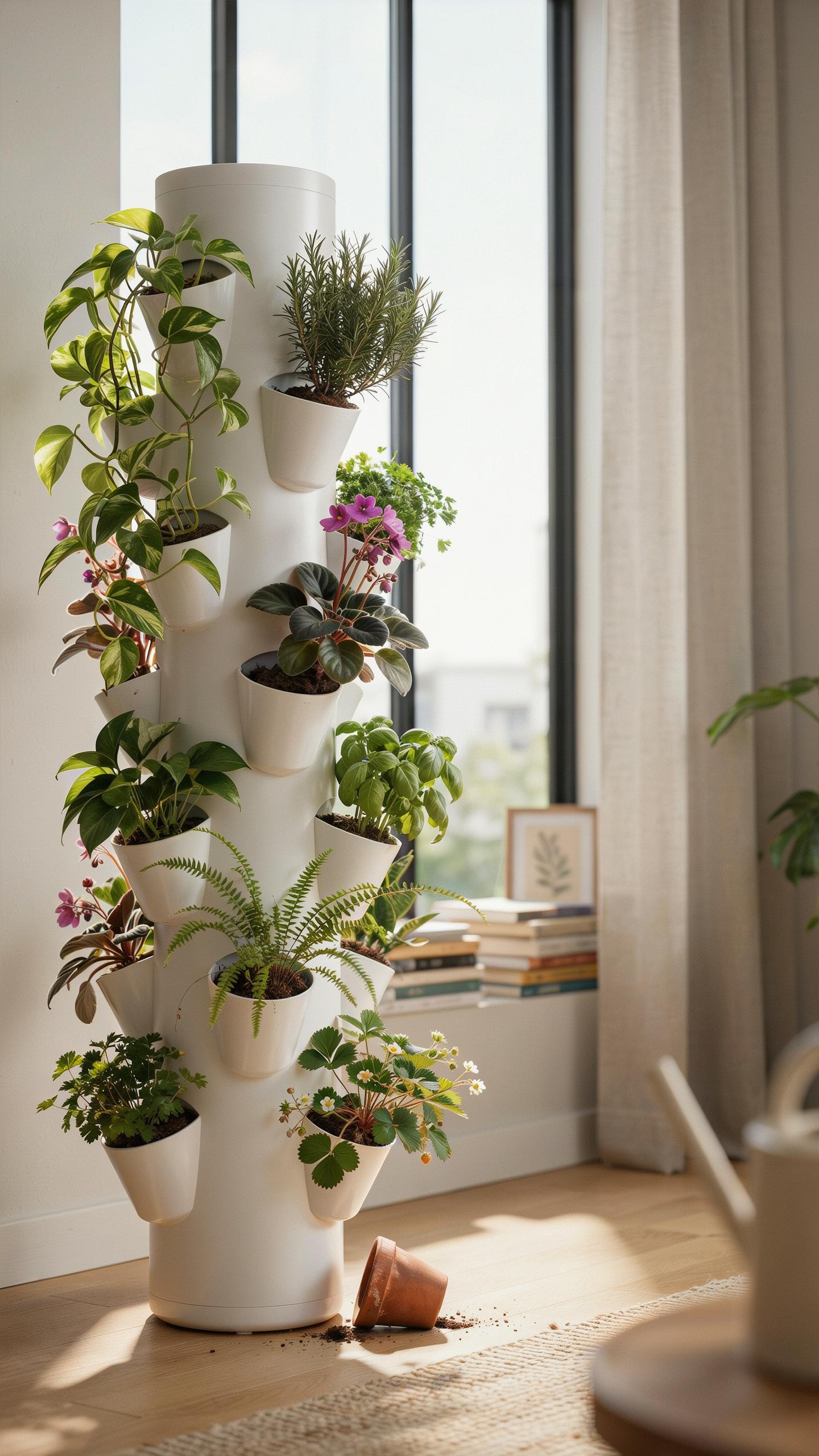 A tall, white, multi-tiered vertical garden stands indoors by a large window, showcasing various green plants, herbs, and flowering plants in individu