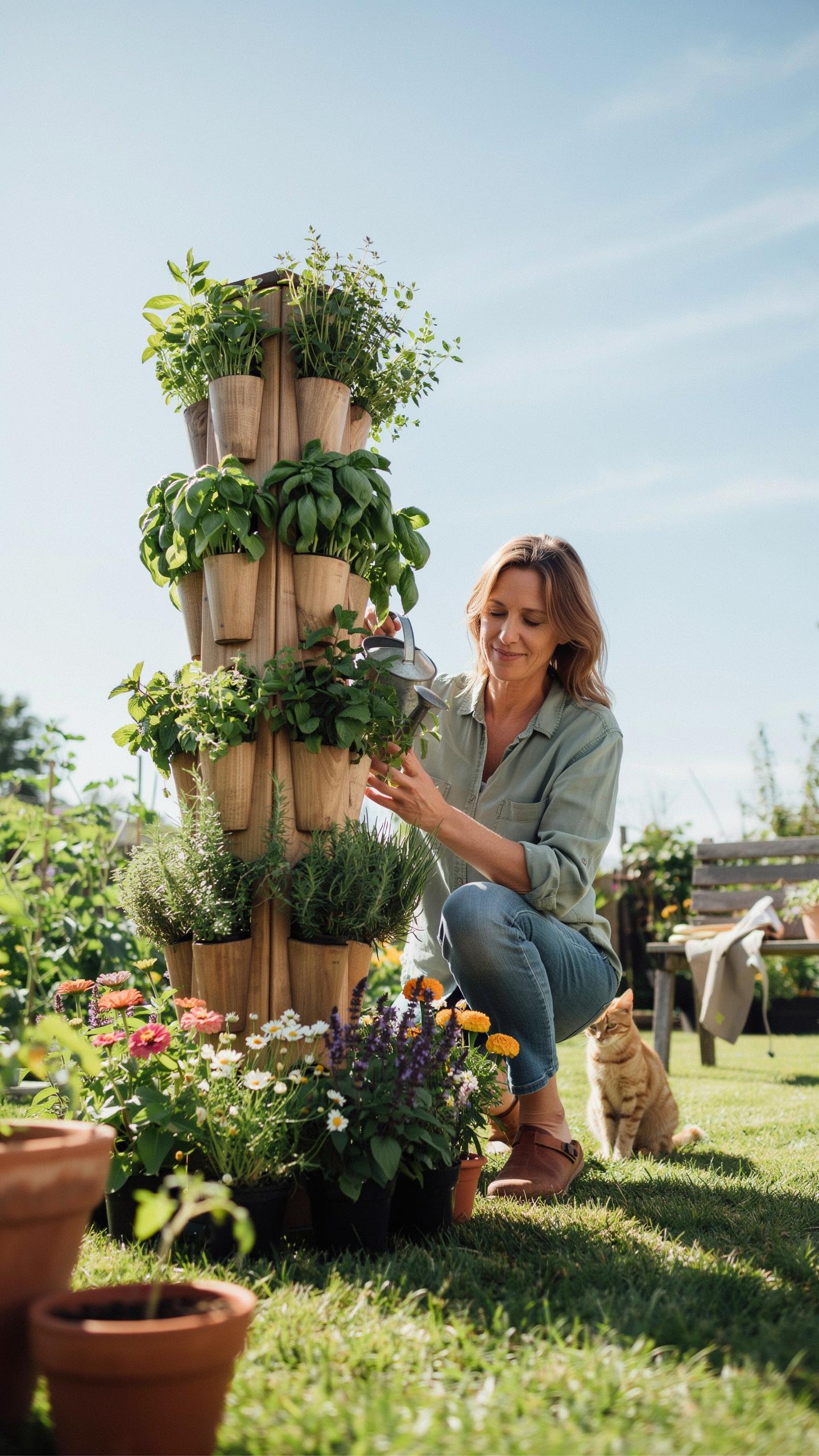 A smiling woman in a light green shirt and jeans crouches in a sunny garden, tending to a plant in a tall, wooden vertical herb garden tower, with a c