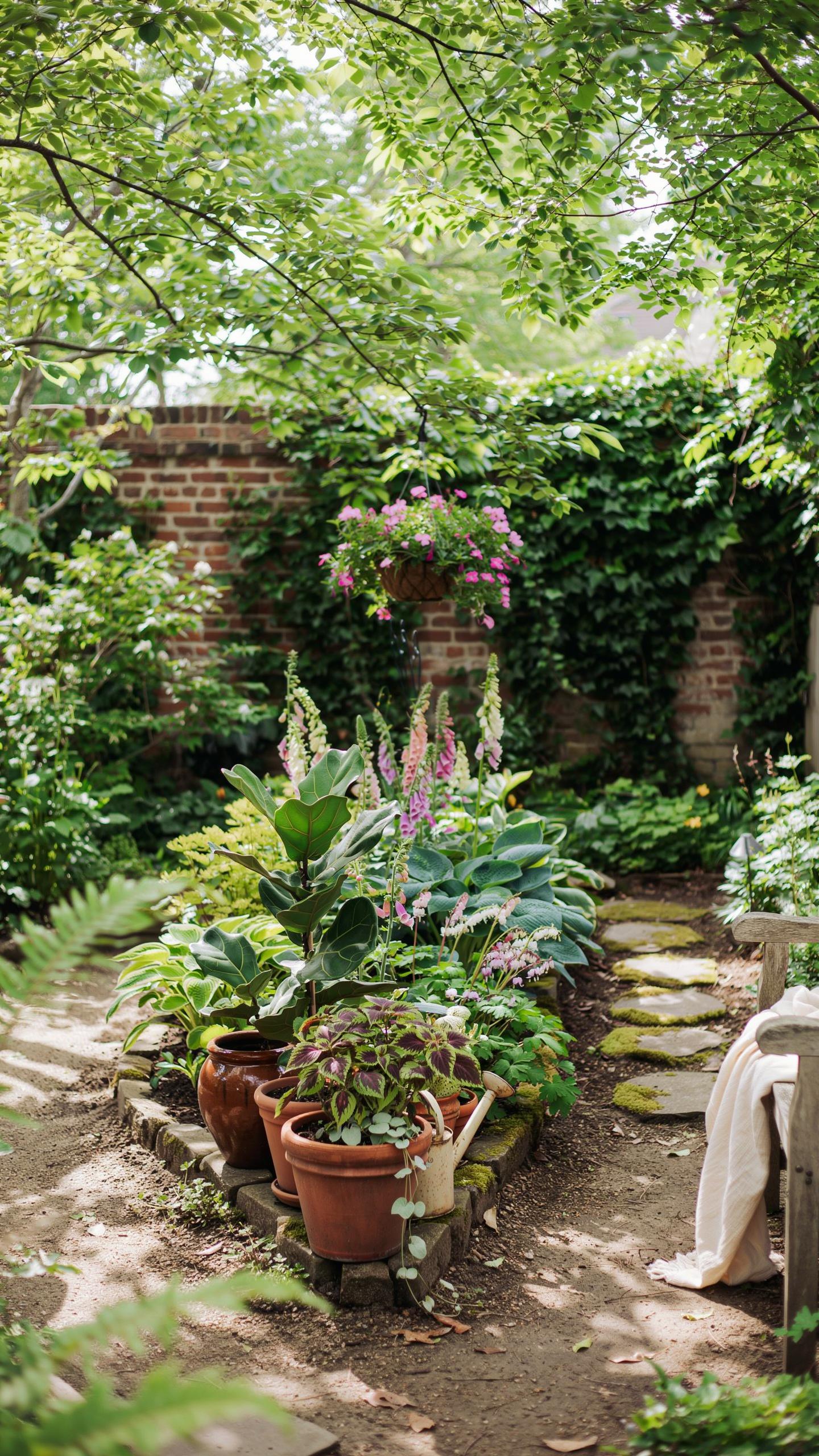 A lush, green garden with a variety of plants, including hostas and foxgloves, set against a brick wall covered in ivy under a canopy of trees.